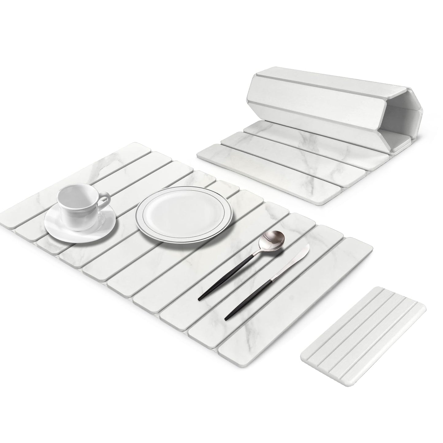 2 PCS Large Stone Dish Drying Mats for Kitchen Counter, 61"(L)×41"(W) Marble Pattern Mat with 20"x 10" Coasters, Collapsible Quick-Dry Diatomite Drying Mat for Dishes, Bottles & Cups