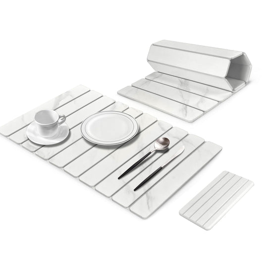 2 PCS Large Stone Dish Drying Mats for Kitchen Counter, 61"(L)×41"(W) Marble Pattern Mat with 20"x 10" Coasters, Collapsible Quick-Dry Diatomite Drying Mat for Dishes, Bottles & Cups