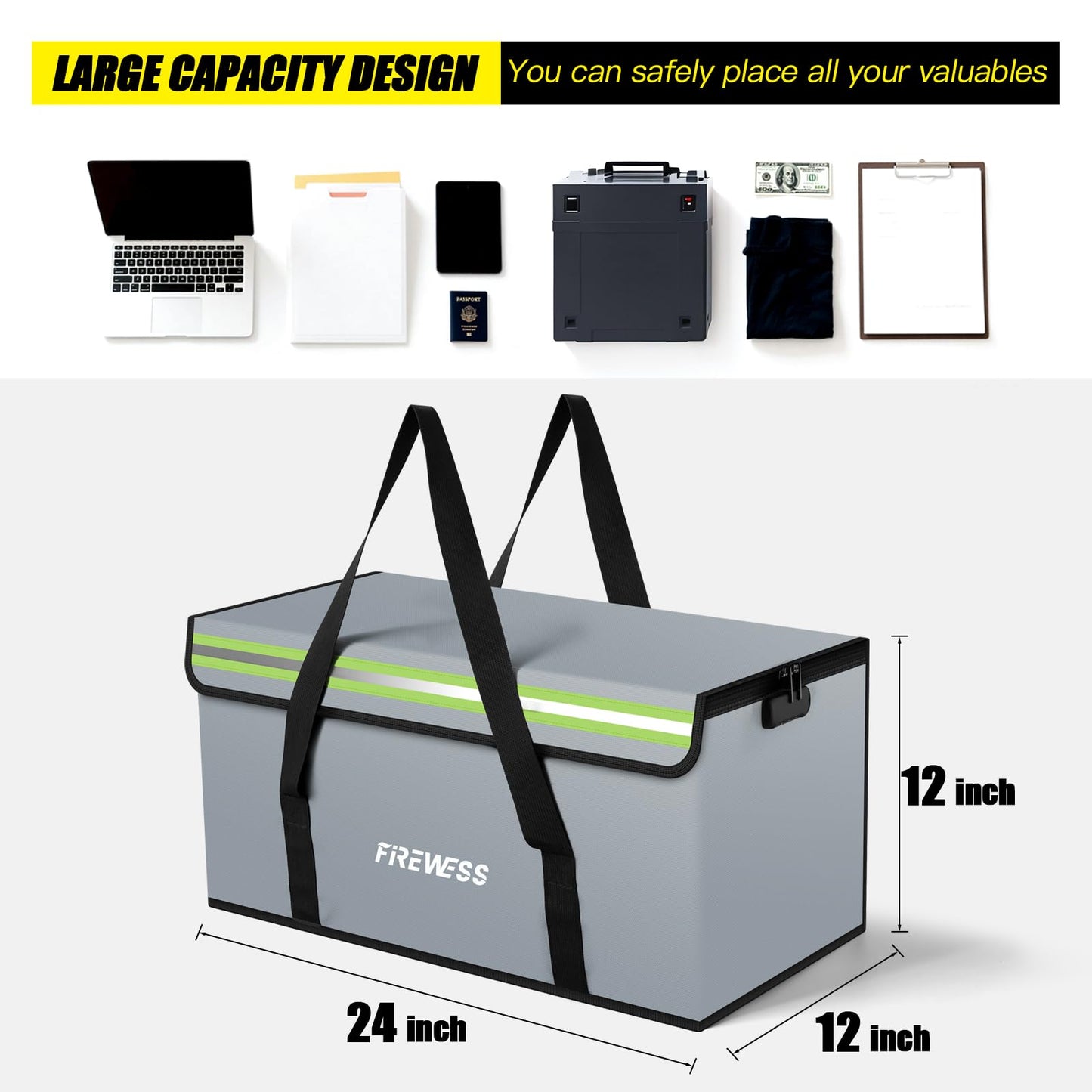 Large Fireproof Safe Bag, 24x12x12 Fireproof Document Bag, Large Capacity Waterproof Storage Bag with Reflective Strips, Firesafe Box for File,Cash,Passport,Keys