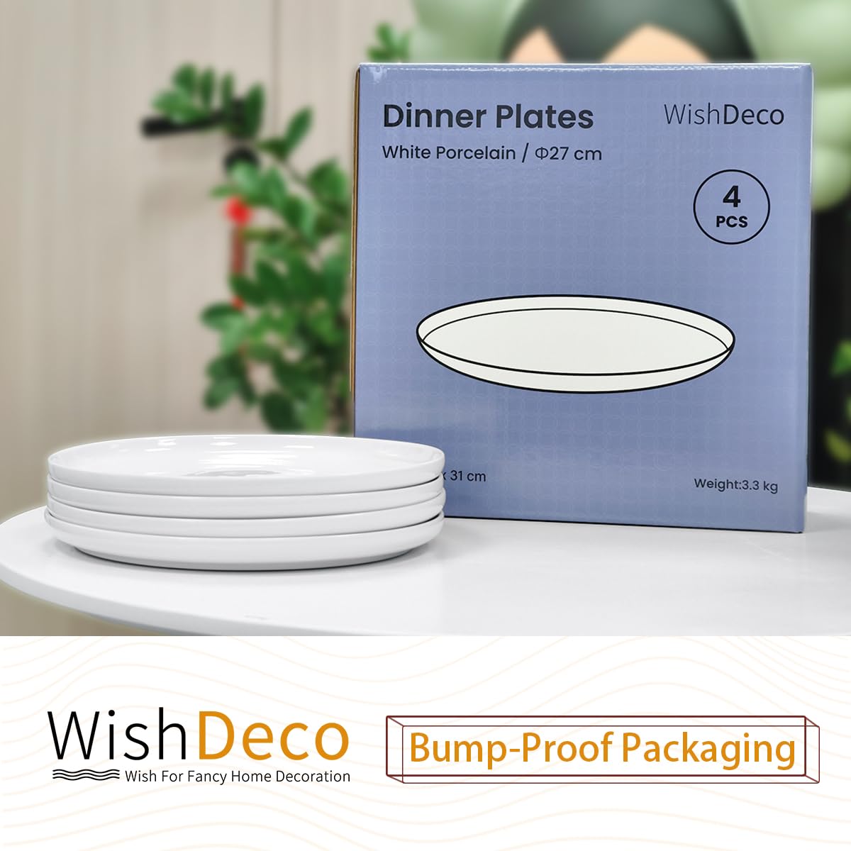 WishDeco Ceramic Dinner Plates Set of 4, Large Serving Plates 10.5 Inch / 27cm, White Round Porcelain Serving Dishes for Salad, Pizza, Steak, Buffet, Microwave & Dishwasher Safe