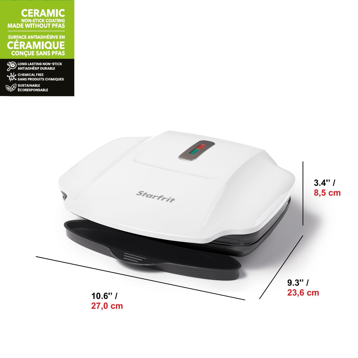 Starfrit Grill And Panini Press With Ceramic Coating - Non-Stick Coating - PFAS-Free - Removable Fat And Oil Collection - White