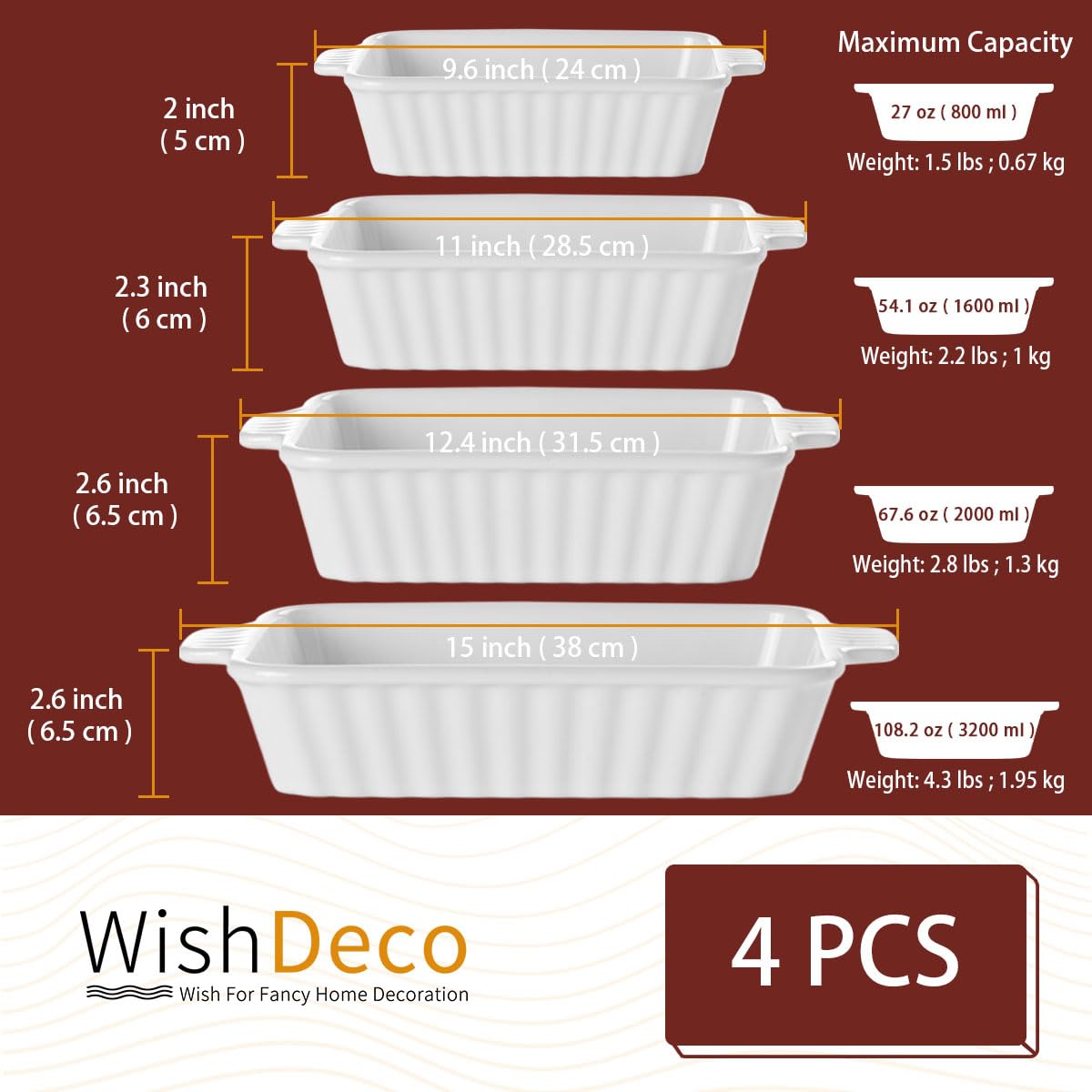 WishDeco Ceramic Casserole Dishes Set of 4, Baking Dishes for Oven, Rectangular Lasagna Pan Deep with Handles, White Porcelain Bakeware (15''/12.4''/11''/9.6''), Dishwasher Safe
