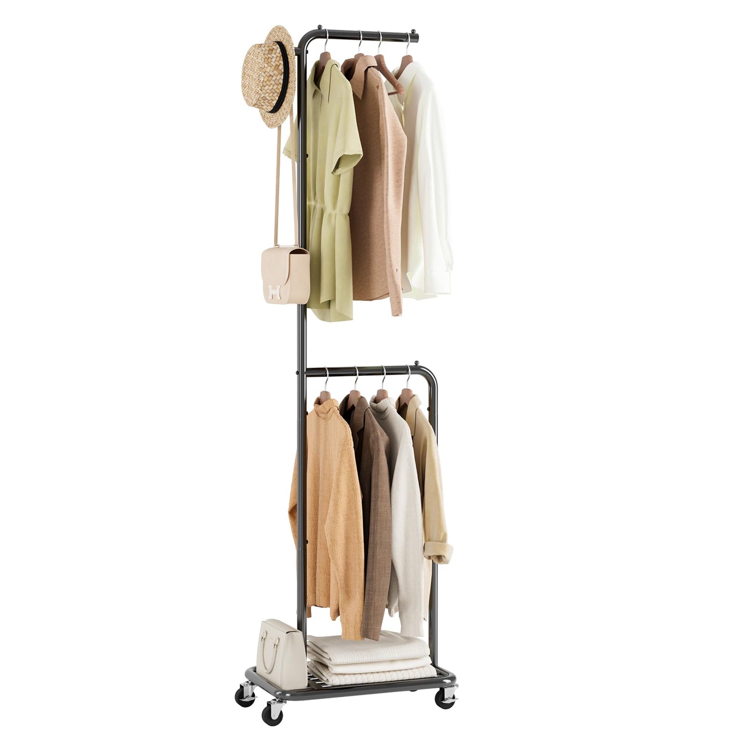 Gasvadivum Small Clothes Rack with Wheels, 71" Portable Rolling Clothing Rack with Bottom Metal Shelf, Garment Rack with Hanging Rod, Sturdy Freestanding Coat Rack for Bedroom, Entryway, Black