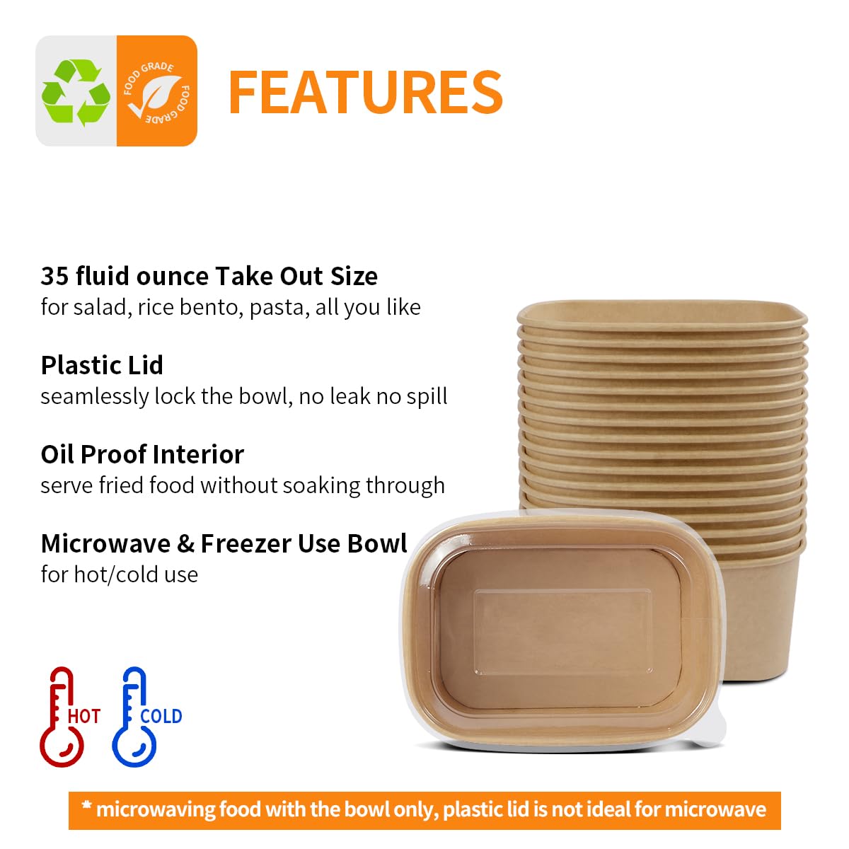 Celel 50 Pack 35 oz Paper Food Containers with Lids, Microwavable and Freezer Use, 50 Bowls 50 Lids
