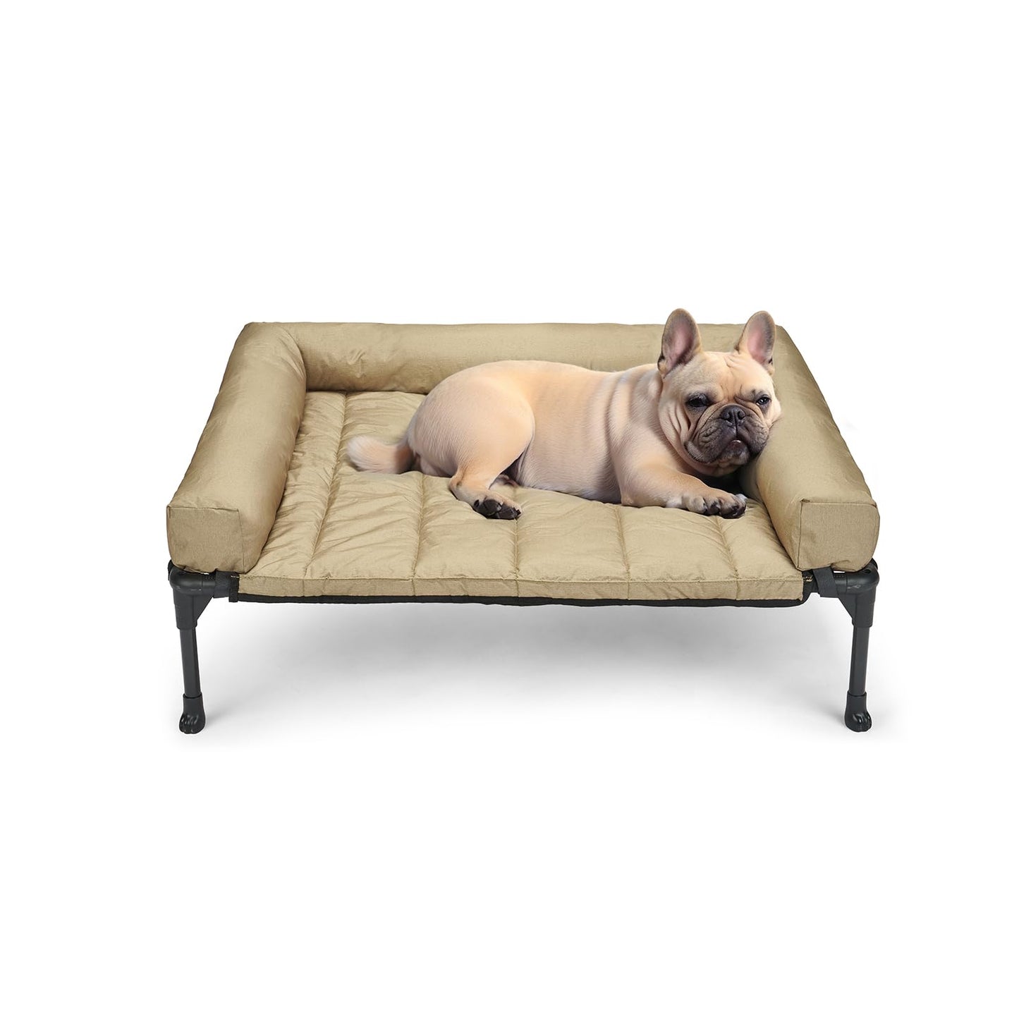Veehoo Elevated Dog Bed, Lifted Dog Ded Add Waterproof Removable Pillow-Top Mat, Raised Pet Cot with Breathable Mesh, No-Slip Feet, Bolster Dog Cot Bed for Indoor & Outdoor, 81 x 64 cm, Beige