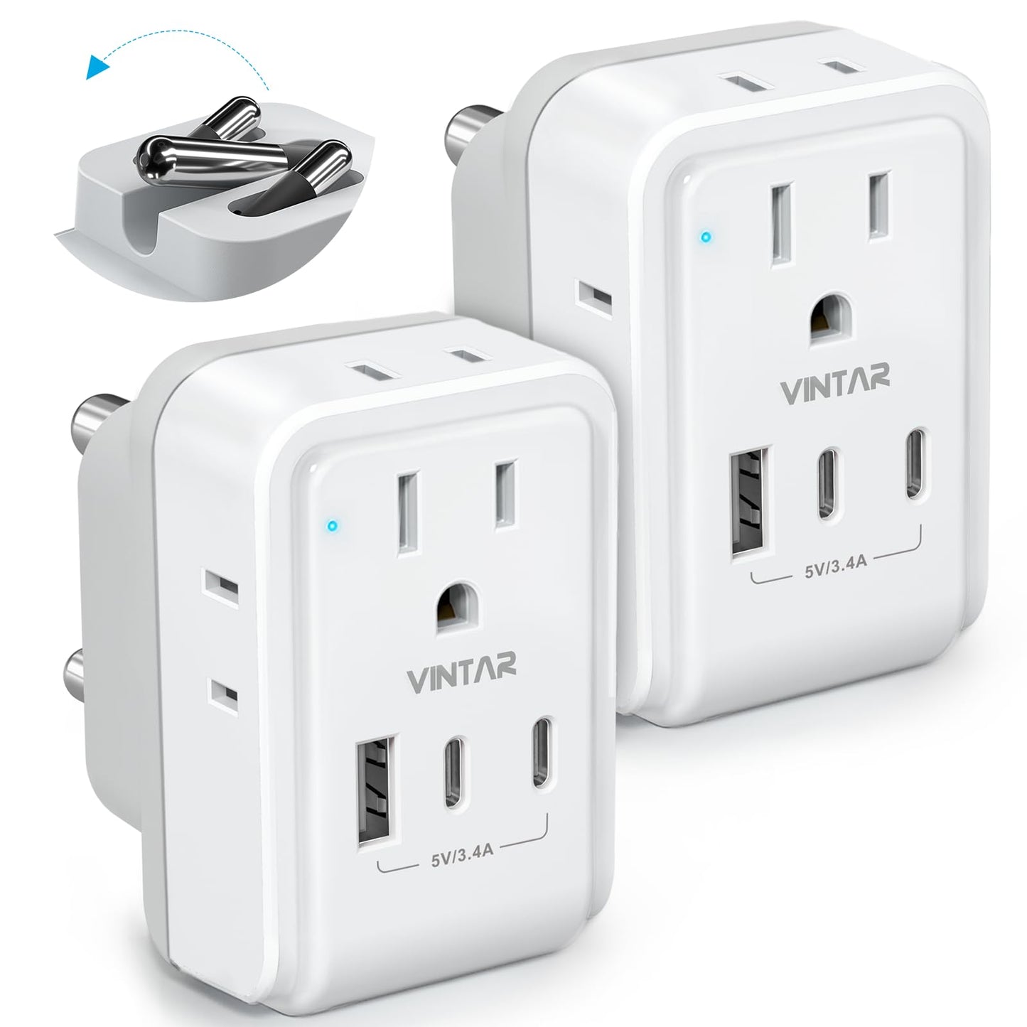 2 Pack South Africa Plug Adapter, VINTAR Foldable Type M Travel Adapter with 4 AC Outlets and 3 USB Ports(2 USB C), Travel Essentials for Canada to South Africa Bhutan Namibia Nepal