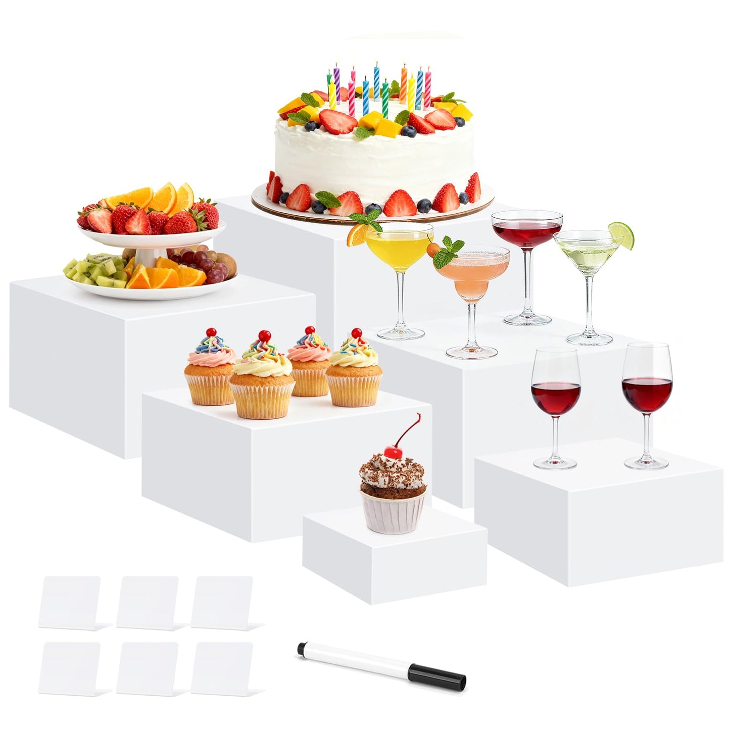 6 Pcs Buffet Risers, Acrylic Food Risers for Buffet Table, 6 Sizes (3x4x5x6x7x8 Inch) Display Stand Shelf for Party Catering Dessert Collectibles - Stackable Cube Boxes Display with Hollow Bottoms