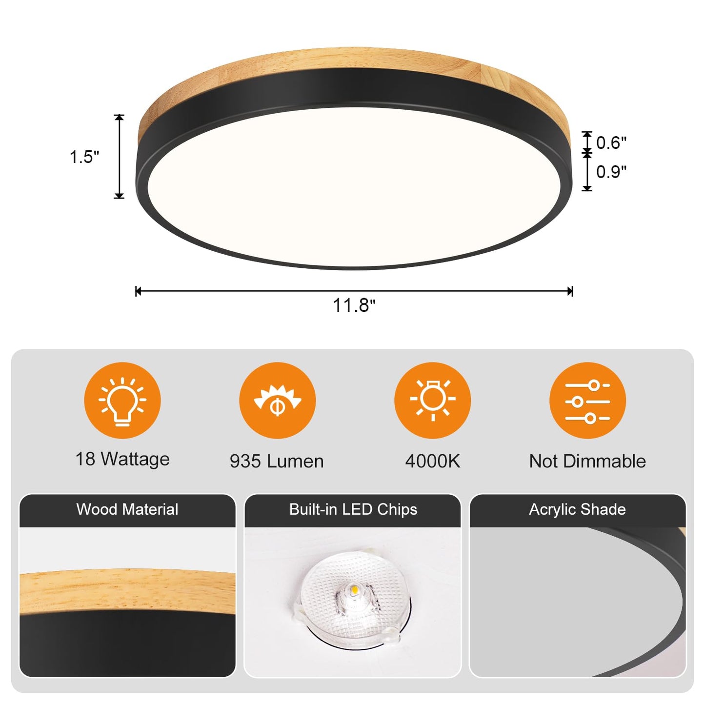 Vikaey Modern Wood LED Ceiling Light Fixture, Minimalist Black Flush Mount Ceiling Lamps, Round Ceiling Lighting Fixtures for Bedroom, Hallway, Dining Room, Kitchen, Laundry Room, Not Dimmable
