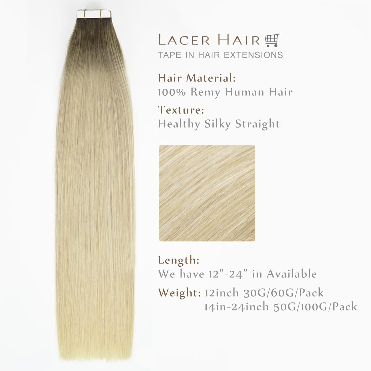 Lacer Hair Natural Hair Remy Tape in Human Hair Extensions #8G/60A Light Ash Brown to Light Platinum Blond Dip Dyed Seamless PU Skin Weft Real Remy Invisible Hair Double Side 50g 20pcs 18inch