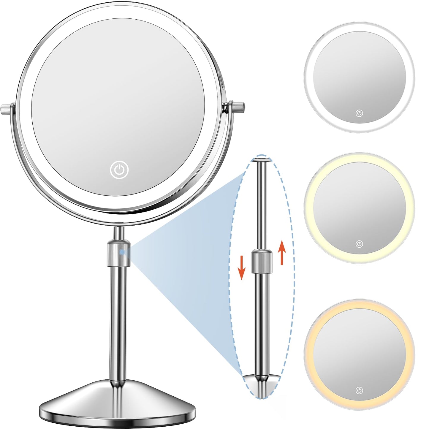 Vanity Mirror with 7" 1x/10x Makeup Mirror Adjustable Height Double Sided Mirror with 360°Rotating Makeup Mirror with Magnifying Mirror with Mirror