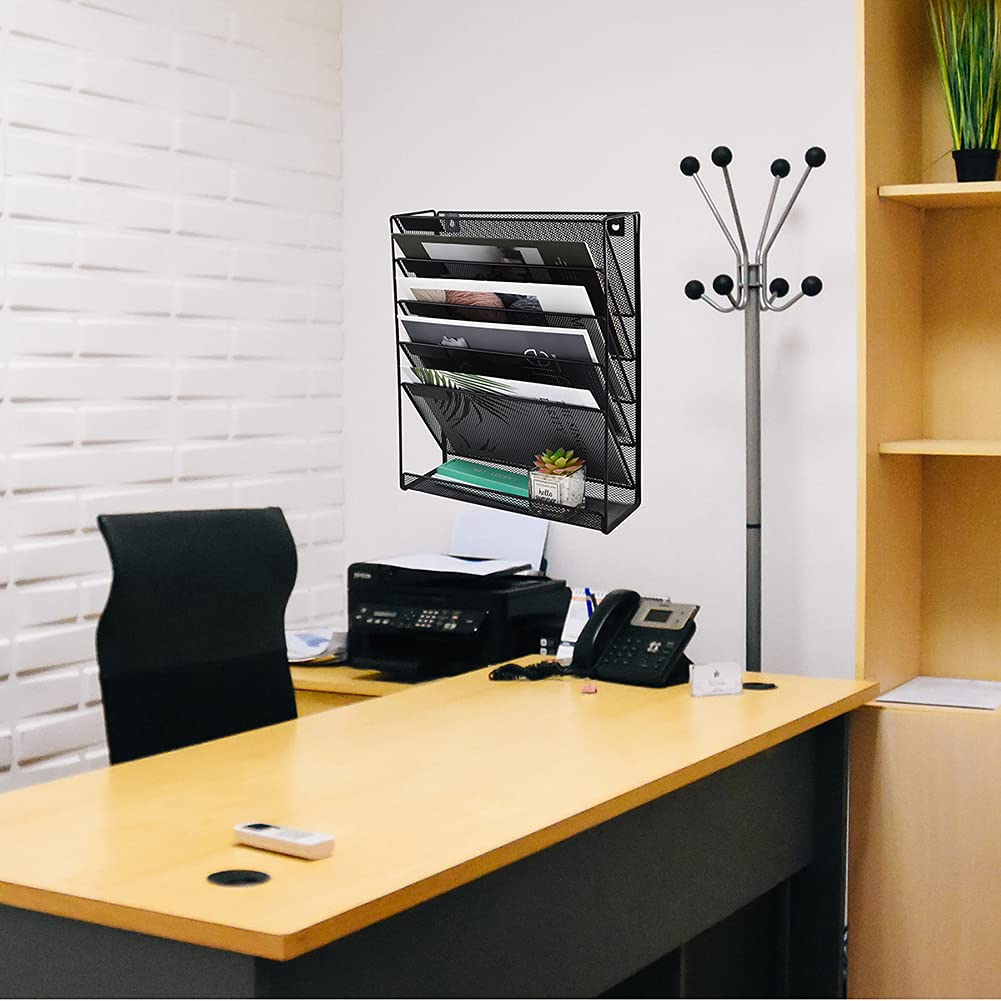 EASEPRES Mesh Hanging Wall File Holder Organizer Storage 6-Tier Black Paper Clipboard Rack Vertical Metal Wall Mounted Files Holder Organization for Office Home School, Black
