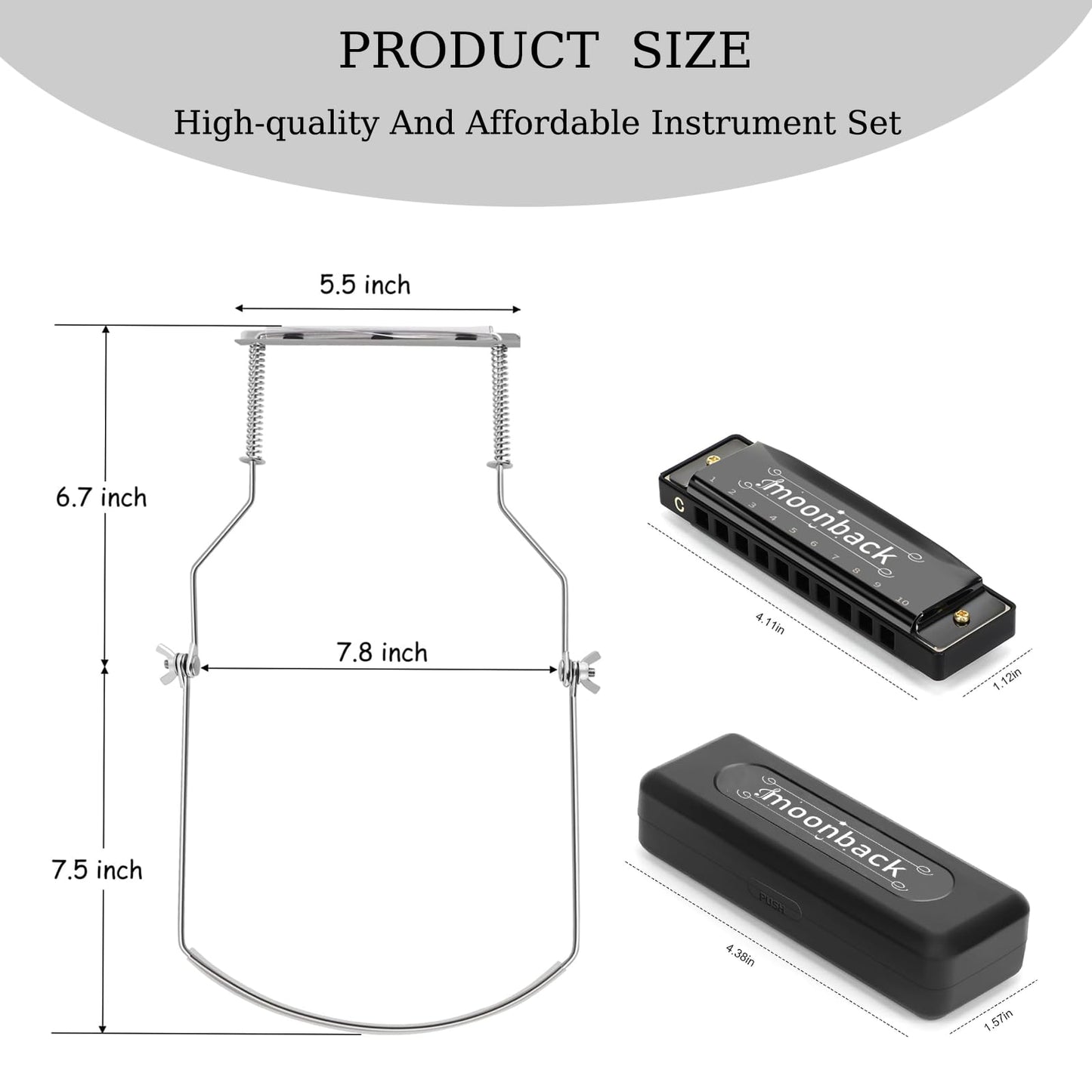 Harmonica Holder Set - 10 Hole Diatonic Blues Harmonica in C Key, Adjustable Holder for Beginners to Professionals