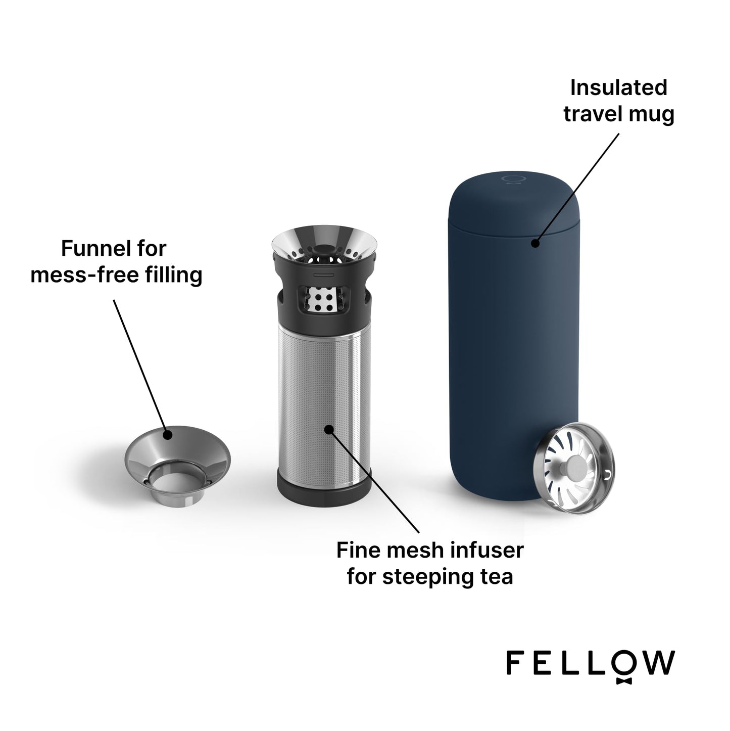 Fellow Carter Tea + Cold Brew Infuser & Carter Move 16 oz Tumbler Set - Steep Tea On-The-Go - Vacuum-Insulated Stainless Steel Travel Mug Snap-in Infuser for Steeping, Cold Brew, Stone Blue