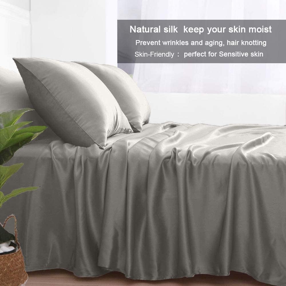 100% Mulberry Silk Pillowcase Pure,21 Momme Both Side Real Silk Pillowcases Hidden Zippered Slip Silk Pillowcase Hypoallergenic Soft Breathable for Hair, Skin and Good Sleep（Grey, Queen: 20"x30"）