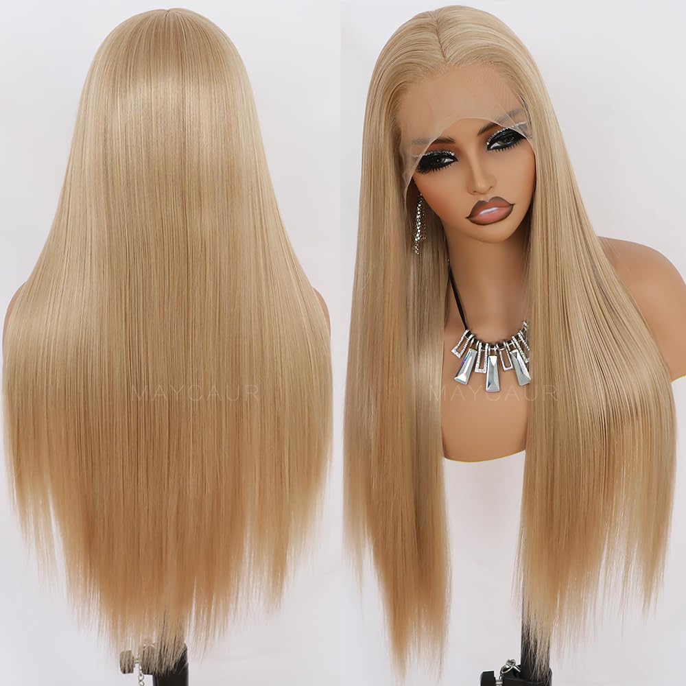 Maycaur Lace Front Wigs Blonde Wig Long Straight Heat Resistant Fiber Hair Synthetic Lace Front Wigs for Fashion Women 22 Inch