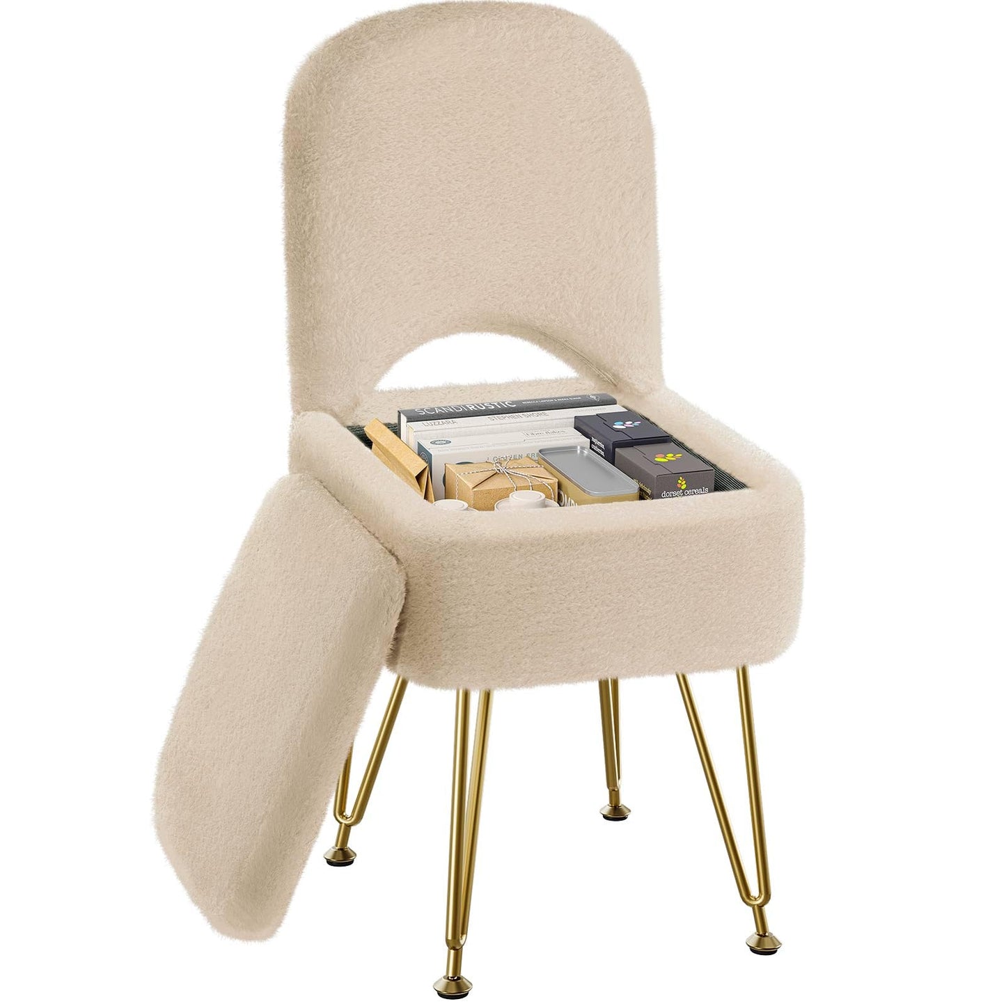 Greenstell Vanity Stool Chair with Storage and Folding Back, 13.4" L x15 W x 30.0" H Square Soft Ottoman, 4 Metal Legs with Anti-Slip Feet, Furry Padded Seat for Makeup, Bedroom, Camel
