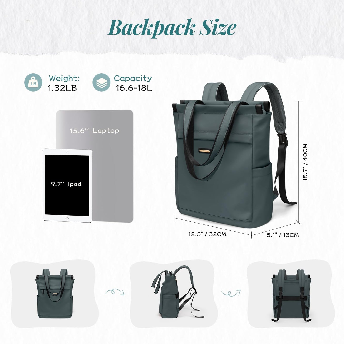 Convertible Laptop Backpack for Women Casual Daypack Notebook Tote Bag for Work College Travel Leisure (Atrovirens)