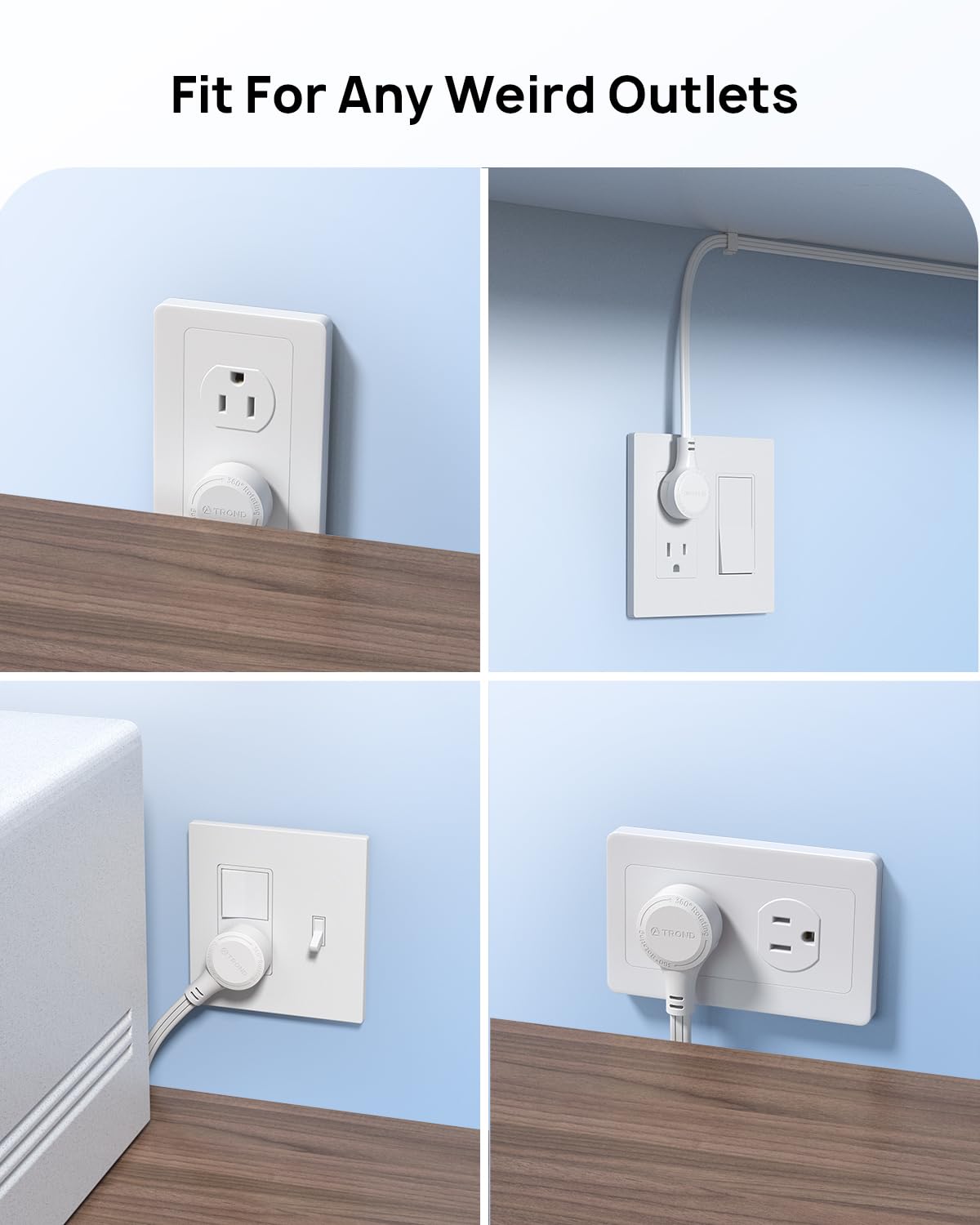 TROND 15ft Long Extension Cord Indoor, 360° Rotating Flat Plug Power Bar, 3 Way Outlets Extender, 13 Amps, 1625W, Small Flexible SPT 16/3 Cable Splitter for Hotel Cruise Ship Travel Essentials