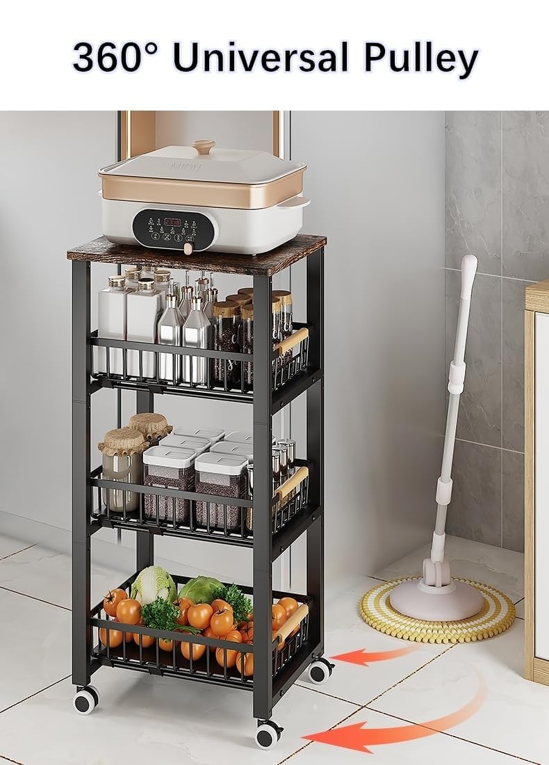 KOLENSA Metal Wire Baskets with Wheels, Stackable Storage Bins Kitchen Organizer Shelf, Multi Layer Fruit Vegetable Cart Dishes Seasonal Rack Freestanding with Pull Out Slide Drawer