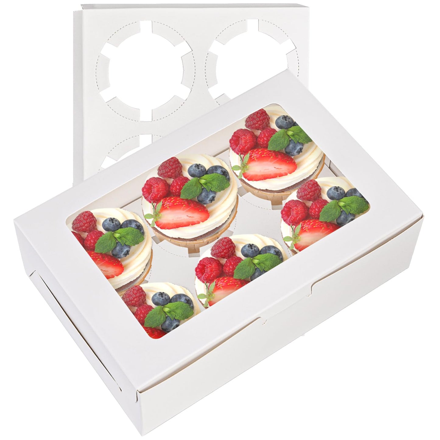 Jucoan 50 Pack White Paper Cupcake Box with Insert and Window Hold 6 Standard Cupcakes, Cupcake Carrier Container, Bakery Muffin Box for Pastry, Cookies, Birthday, Mother's Day, Wedding Party