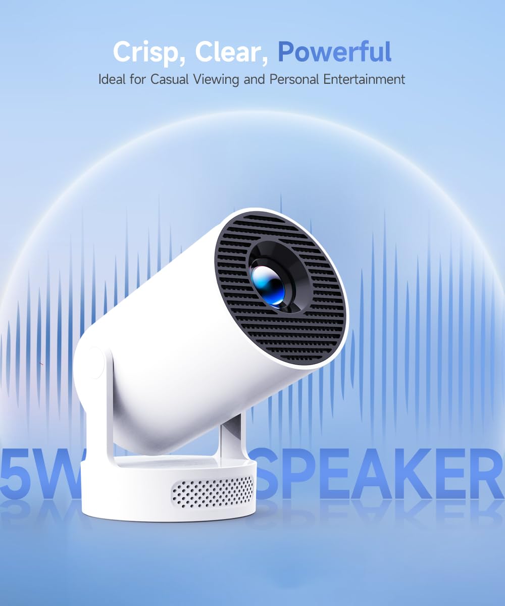 Mini Projector, Portable Smart Proyector, 5w Soundbase Speaker, WiFi 6 and Bluetooth 5.4, Auto Vertical Keystone 4K Decoding 180° Rotatable Projecteur for Home Video Bedroom (Manual Focus & White)