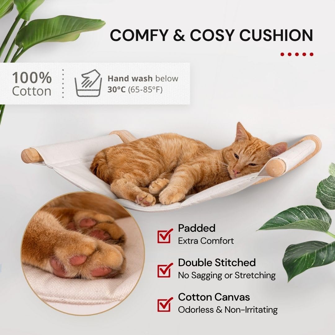 7 Ruby Road Cat Hammock Wall Mounted for Large and Indoor Cats or Kitty, Cute Bed Perch Shelf for Sleeping, Climbing and Lounging, Modern Shelves and Perches, Wooden Mount Cat Wall Furniture & Beds