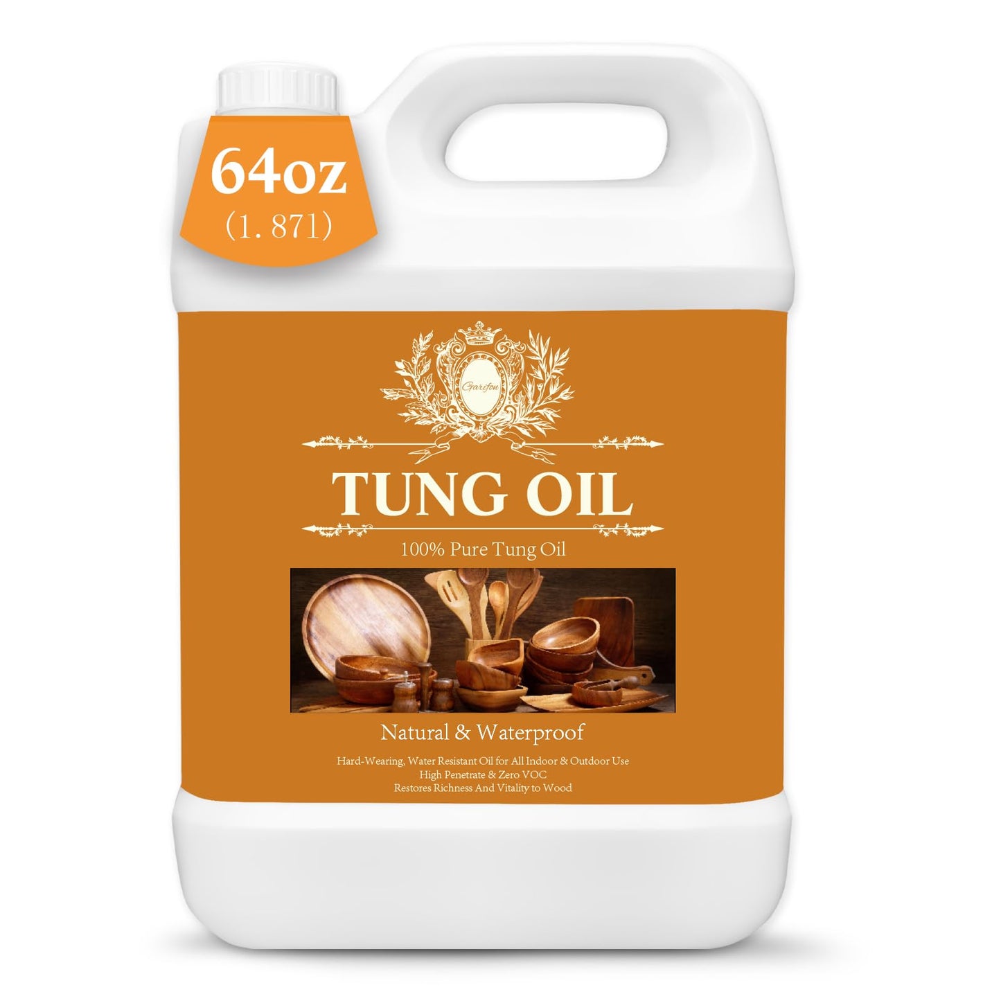 64 OZ Pure Tung Oil for Wood Outdoor/Indoor, Food Grade Sealer, Tung Oil Finish, Waterproof WoodOil for Furniture, Cutting Board, Teak, Floor — Food Safe, Indoor Use