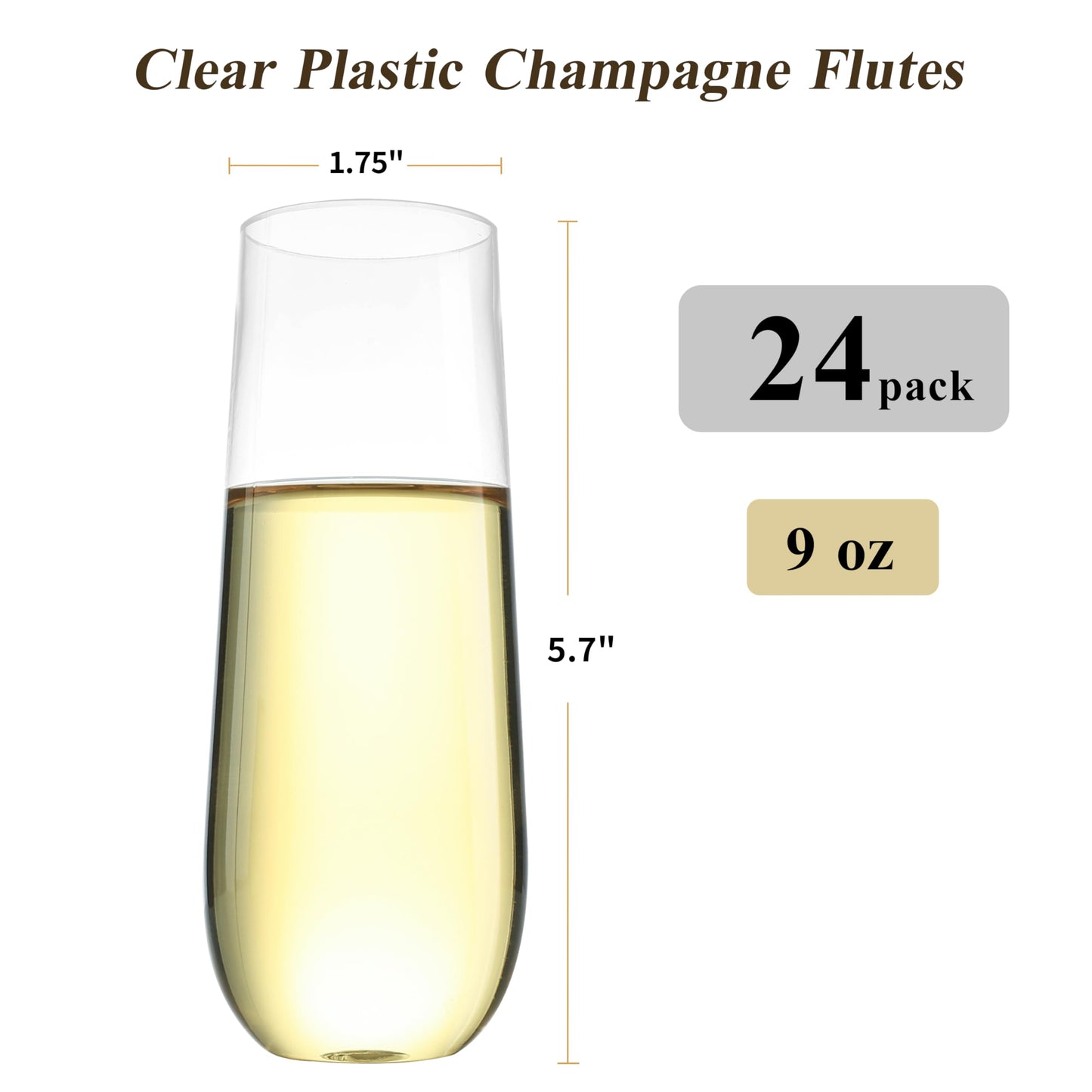 Goodluck 24 Pack 9 oz Stemless Plastic Champagne Flutes, Clear Disposable Champagne Toasting Glasses, Shatterproof and BPA-Free Drinkware for Party & Graduation & Wedding
