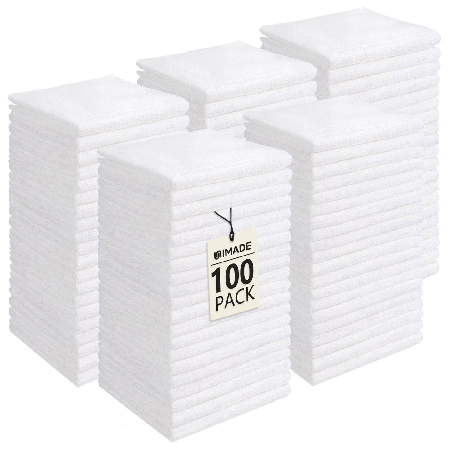 UNIMADE Washcloths Bulk - Face Towels (12" x 12"), Highly Soft Wash Cloths and Hand Towels, Fast Drying Multi-Purpose Microfiber Cleansing Cloths for Bathroom, Hotel, Spa, and Salon - White(100 Pack)