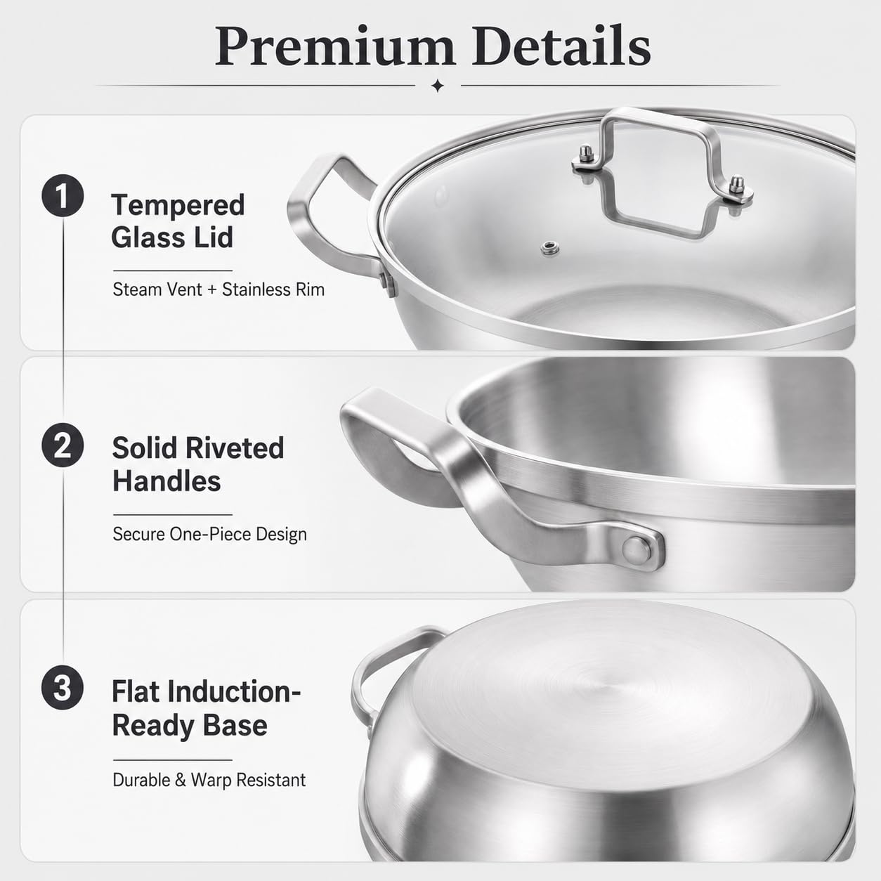DELARLO Tri-Ply Stainless Steel 12 inch Everyday Pan with Glass Lid, Deep Saute Pan, Kitchen Everything Pan, High Side Chef's Pans, Induction Cooking Pot, Dishwasher Safe, 4QT Stock Pot Up to 600℉