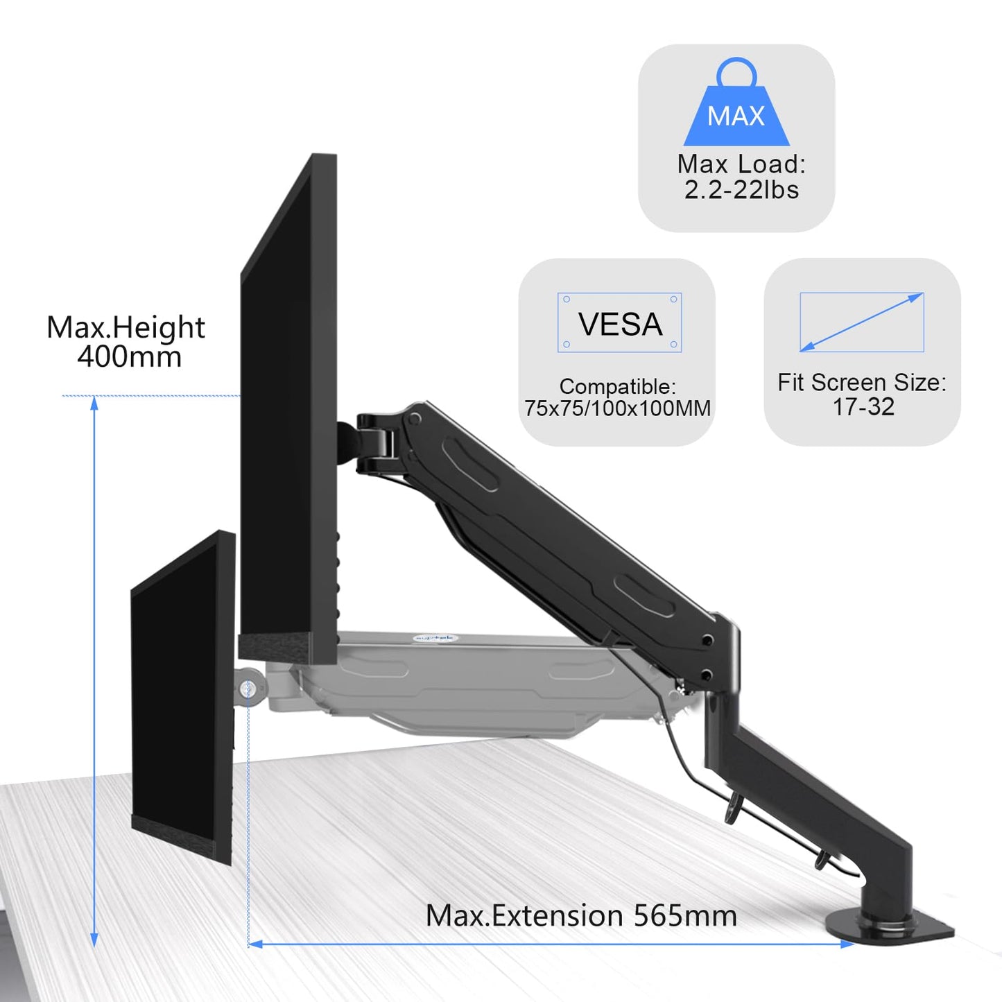 Gas Spring Monitor Arm 32 Inch,Adjustable Single Monitor Desk Mount with Swivel/Tilt/Rotation,Computer Monitors Stand Holder with Clamp/Grommet Mounting Base, VESA Mount Bracket