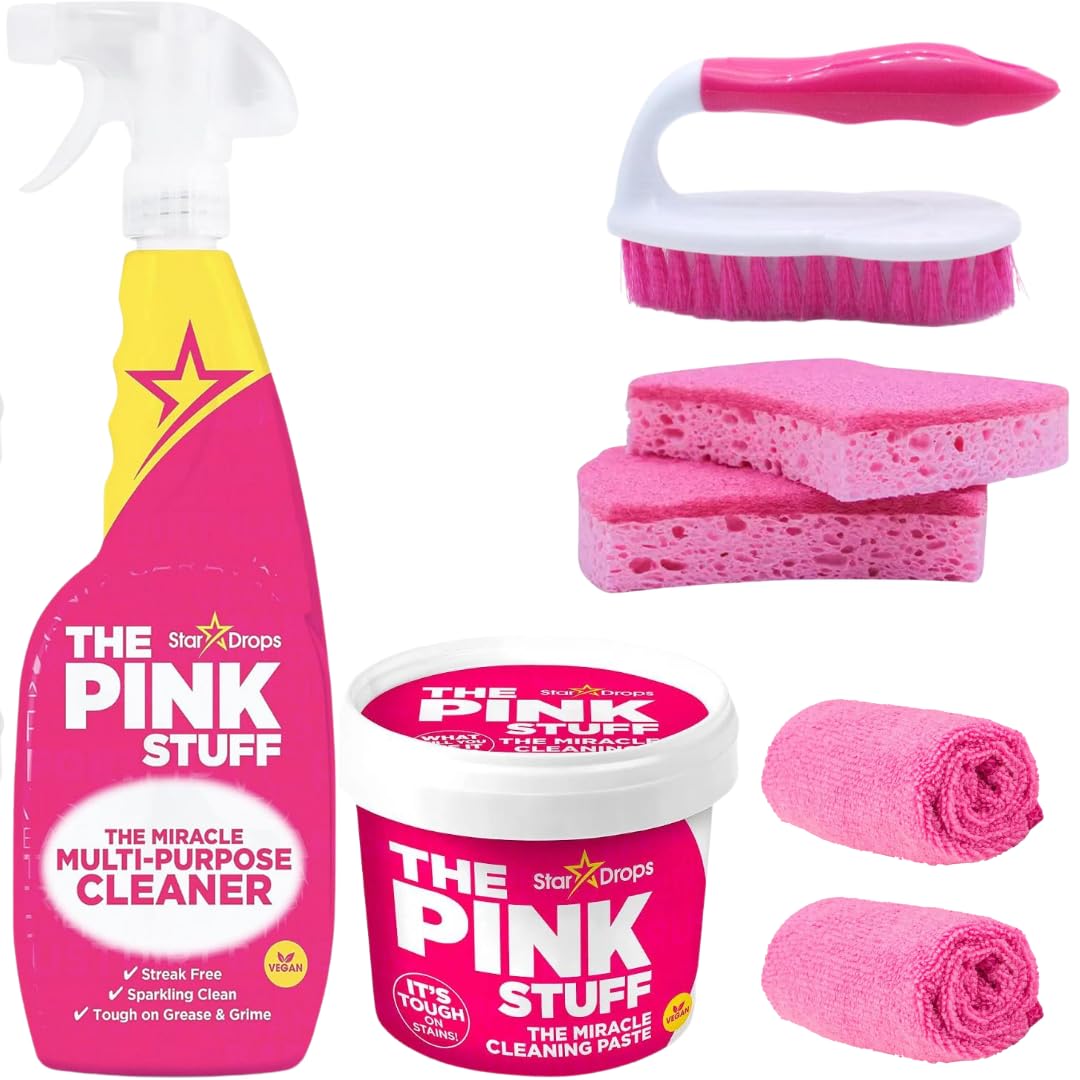 7Pack BUNDLE | The Pink Stuff All Purpose Multi-Purpose Spray - 750ml + The Pink Stuff Miracle Cleaning Paste - 500g + Cleaning Brush + 2 Sponges + 2 Microfibre Cloths
