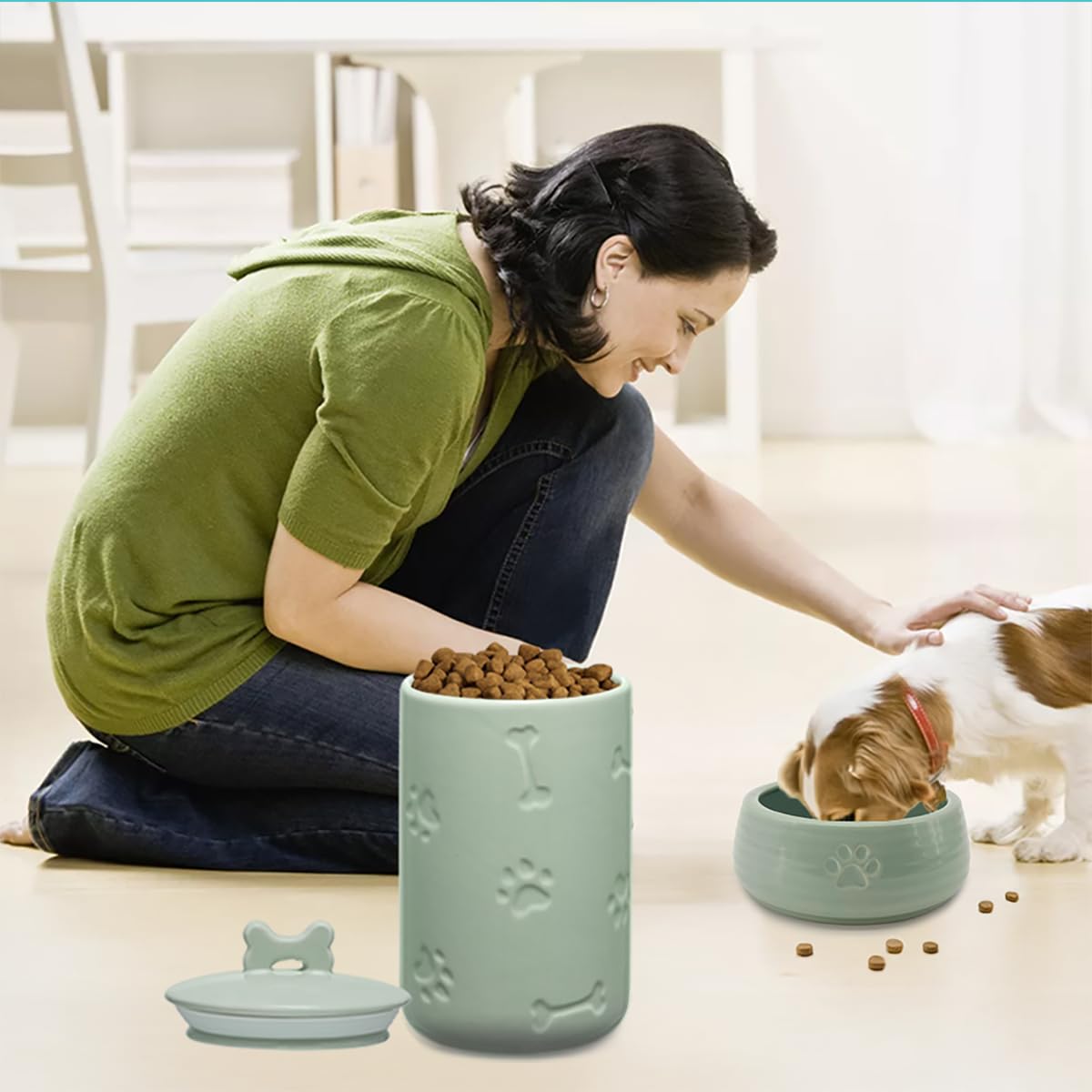 NIXBYO Dog Treat Container Airtight - 9"x5" Green Large Ceramic Dog Treat Jar for Kitchen Counter, Dog Cookie Jar with Lid - Farmhouse Style Dog Food Storage Container for Dogs, Cats, Pets