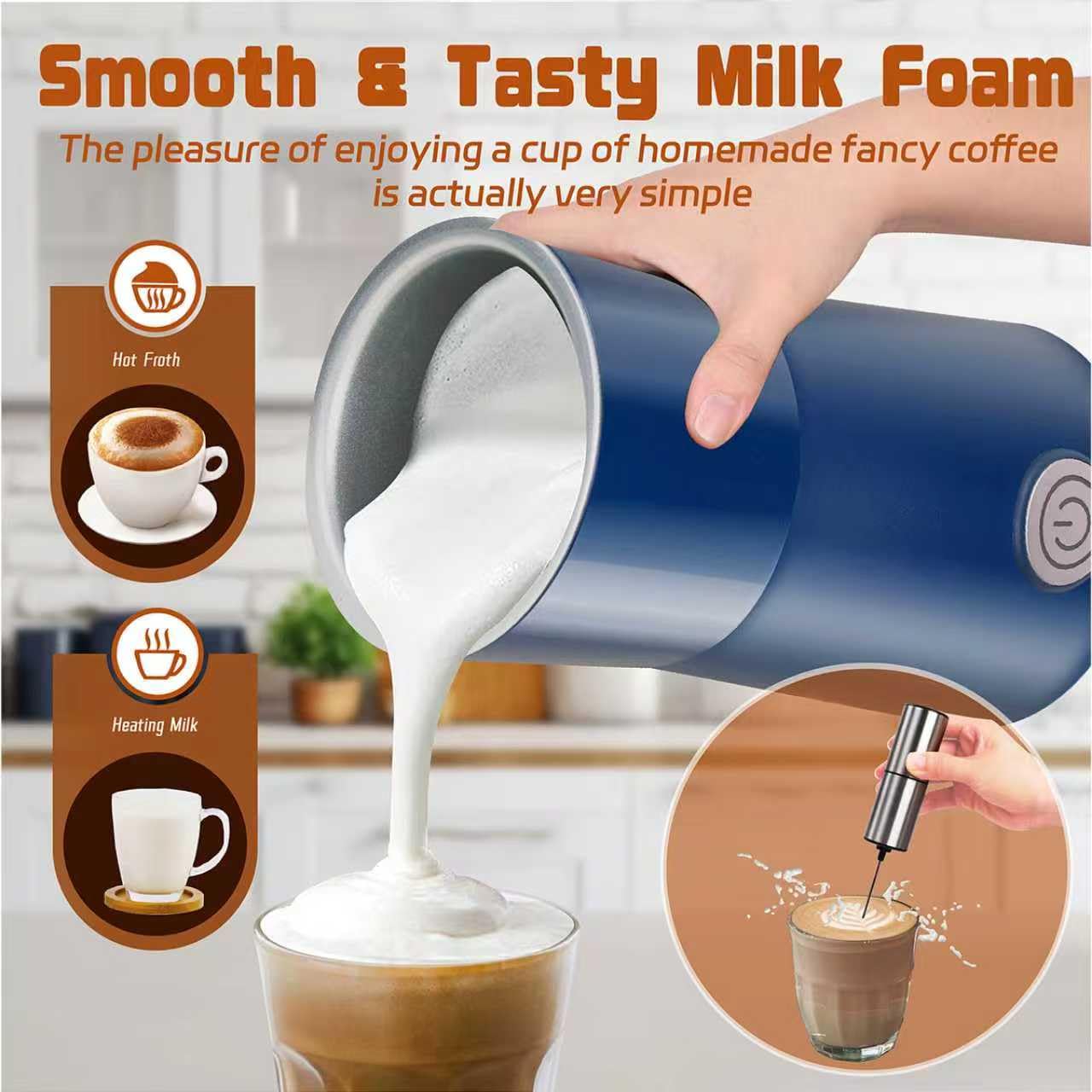 Seydere Simple Milk Frother, 2 in 1 Milk Steamer and Frother, Electric Milk Steamer, Milk Warmer and Hot Milk Foam Maker for Latter, Macchiato, Cappuccinos (Blue)