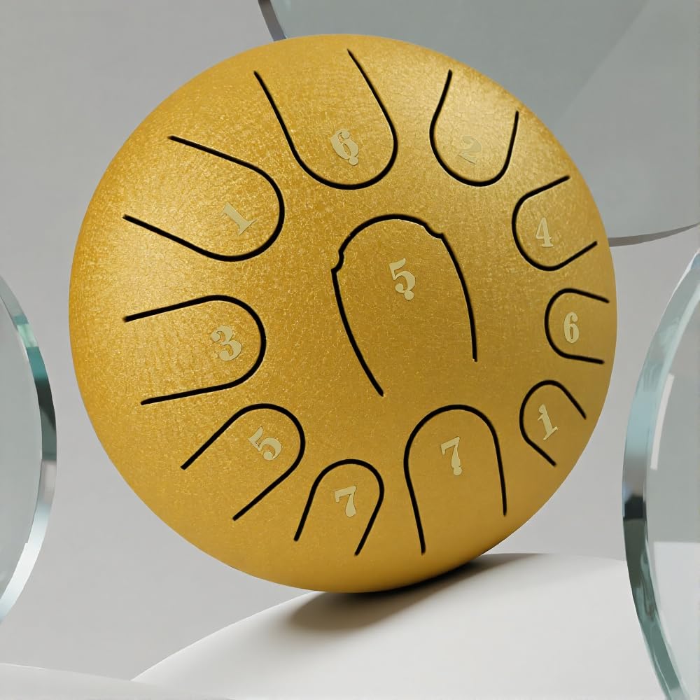Rain Drum for Outside Garden,Steel Tongue Drum 6 Inche 8 Note Steel Drums Rain Chime,with Soft Bag,Music Book (Yellow, 6 Inch 11 Note)