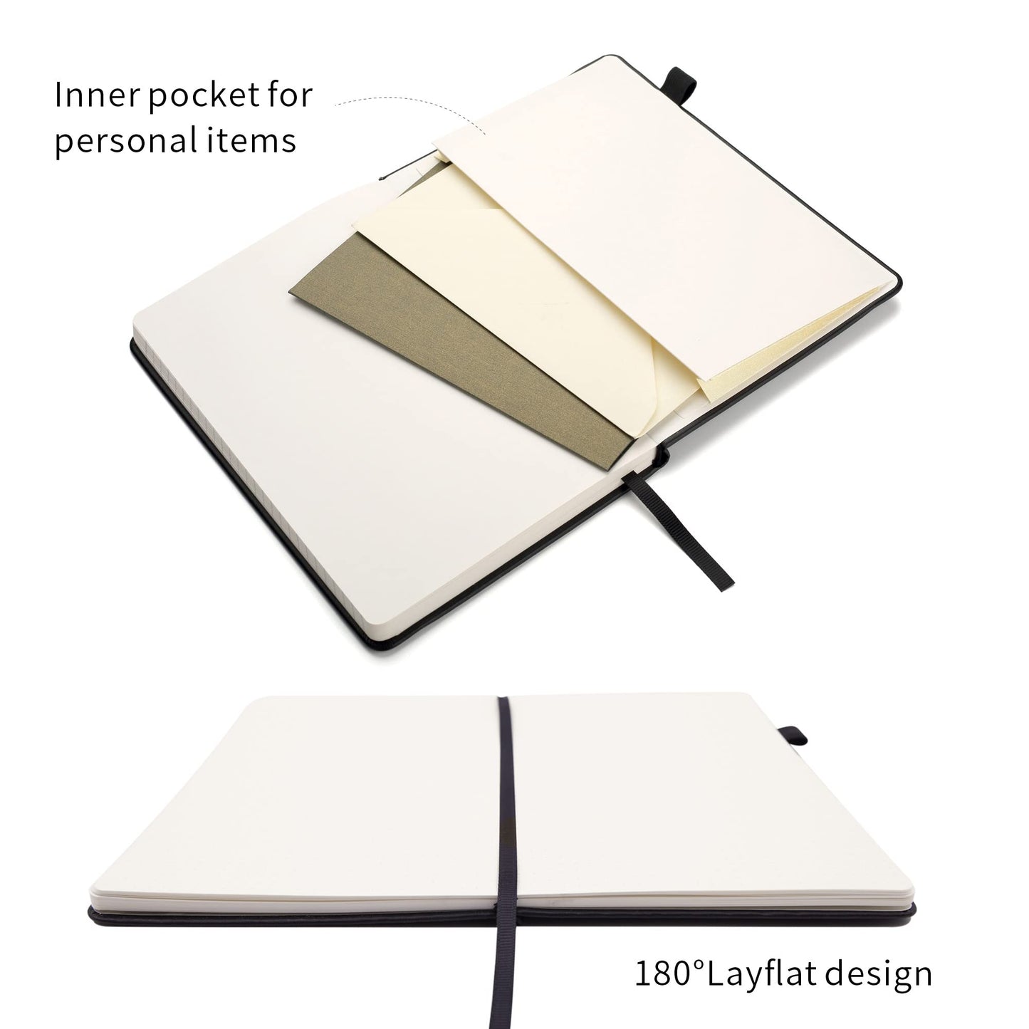 Deziliao 5 Pack Dotted Journal Notebooks with Pen Loop, Hardcover Notebook Journal for Work, 100Gsm Premium Thick Paper with Inner Pocket, Medium 5.7"x8.4", （Black）