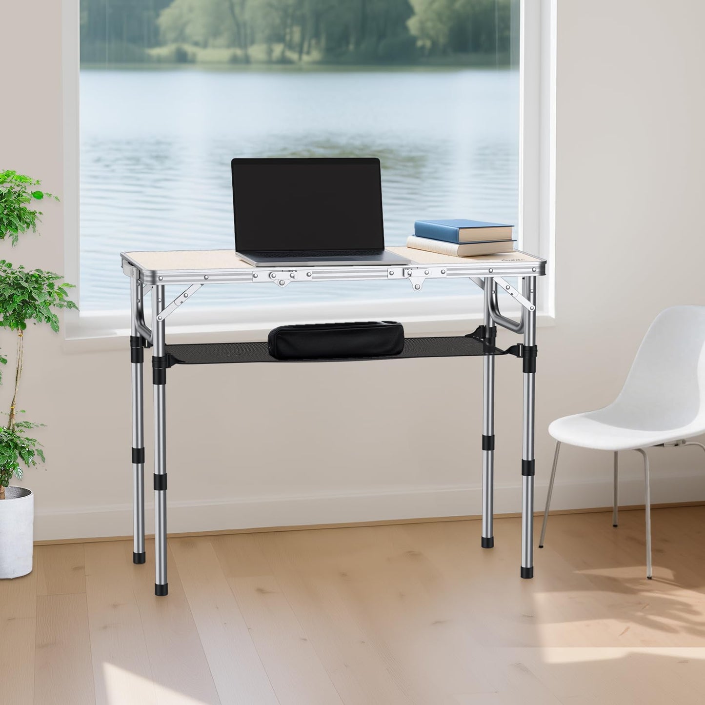 Anbte Camping Table, Camping Folding Table Aluminum Folding Table with 3 Adjustable Height Max 27.1 inch Portable Picnic Table with Storage Net and Bag for Outdoor, Backyard, 34.6" X 16", Silver