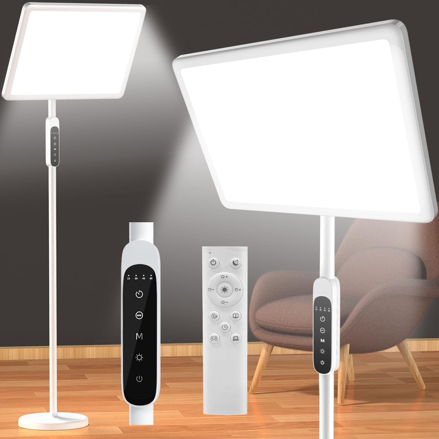 12000 Lux Sun Lamp, Full Spectrum Sunlight Lamp, Floor Lamp with Adjustable Height, Remote Control, 4 Color Temp, 5 Brightness, 4 Timers, Home Office Use