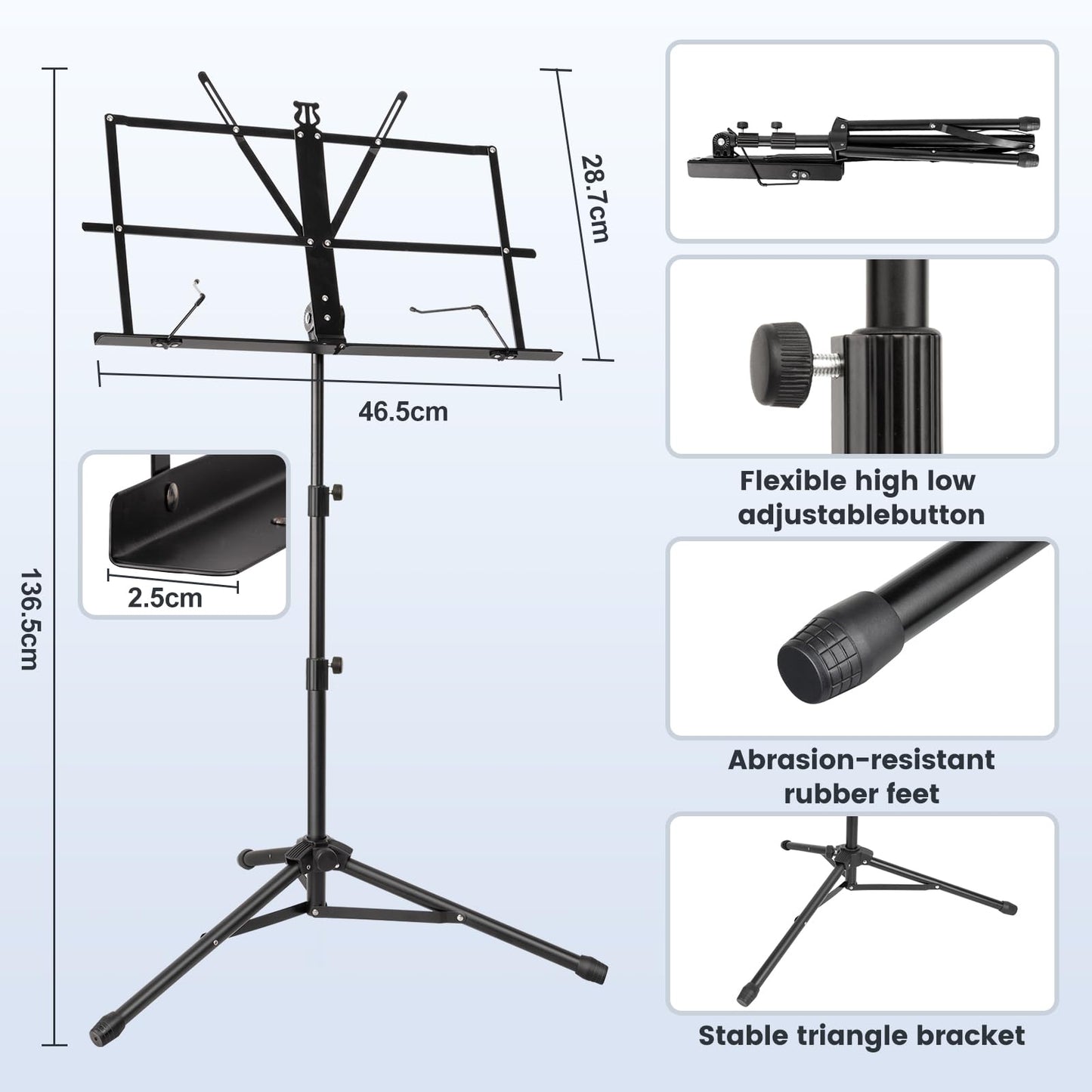 New bee 2 Pack Music Stand for Sheet Foldable with Carrying Bag, Metal Sheet Music Stand Portable, Adjustable Podium Stand with Tripod Base and Sheet Music Folder