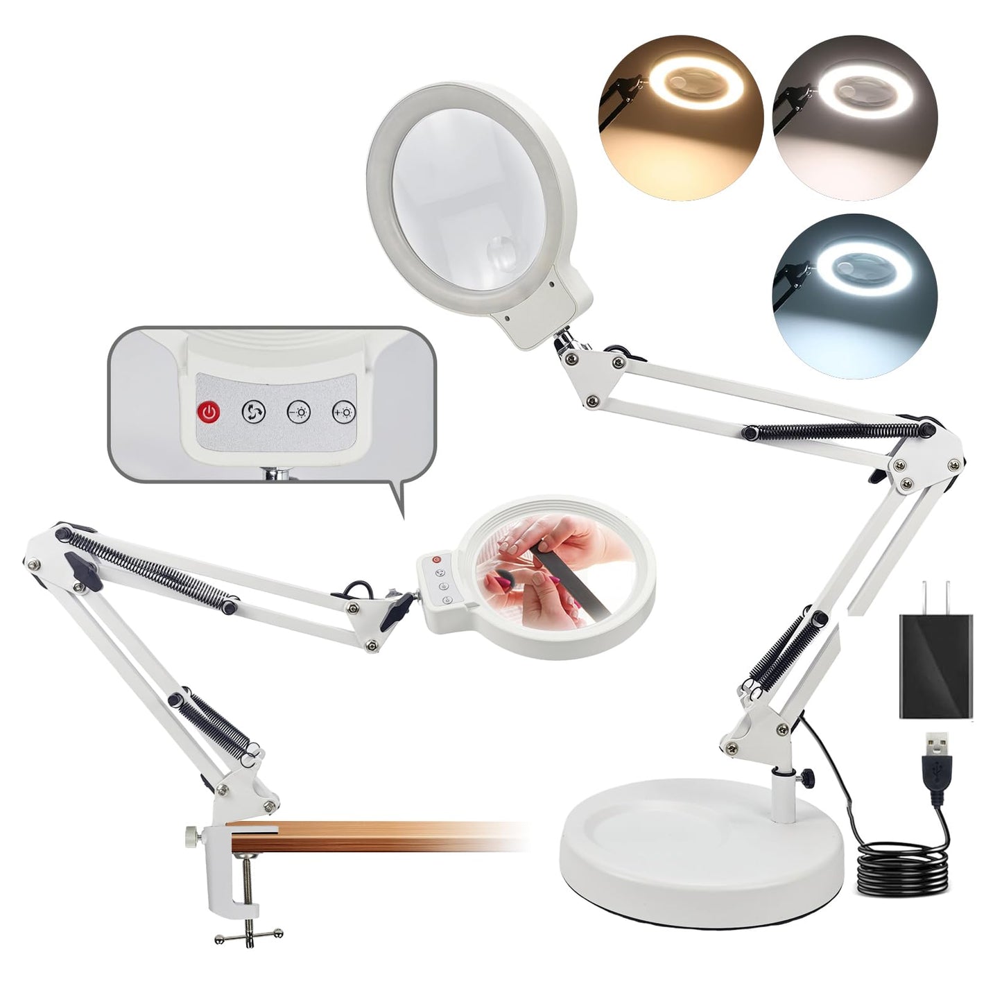 10X/20X Magnifying Glass with Light and Stand, LED Desk Lamp with Base and Clamp, 3 Color Mode, 10 Dimmable Levels Desktop Magnifier, Hands Free for Reading Crafts Jewelry Sewing Close Work