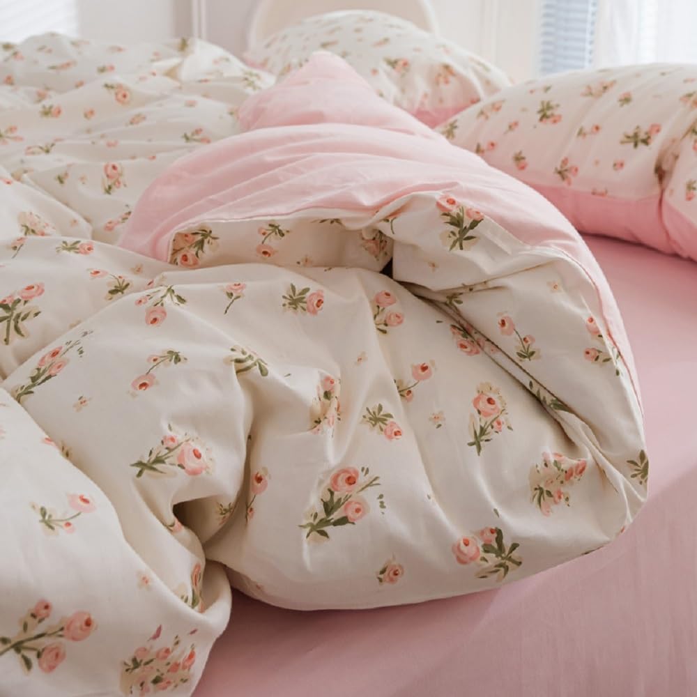 Erwinmu Floral Duvet Cover Set Queen Size,White Pink Floral Flowers Bedding Duvet Cover with Zipper Closure,Soft Microfiber Comforter Cover 90"x90" and 2 Pillowcases 20"x30"