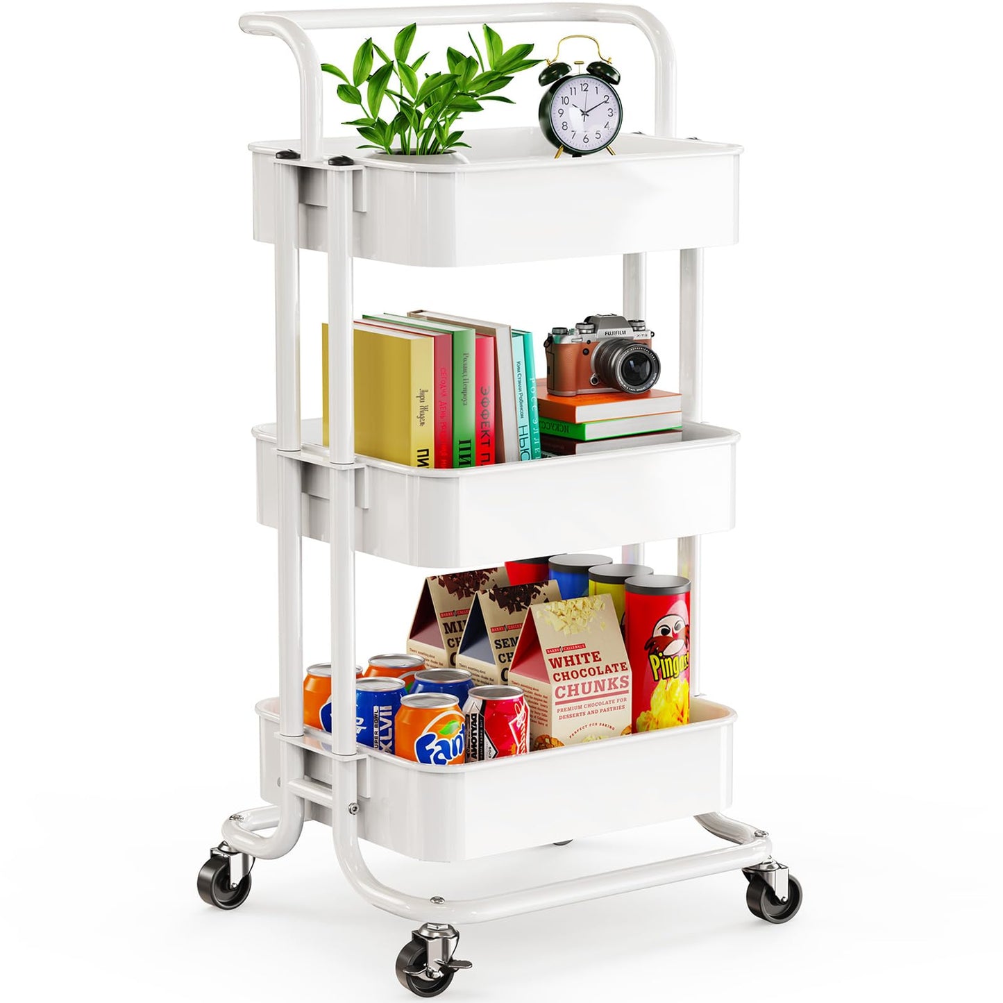 3-Tier Rolling Utility Cart, Multifunctional Metal Organization Storage Cart with 2 Lockable Wheels for Office, Home, Kitchen, Bedroom, Bathroom, Laundry Room by Pipishell (White)