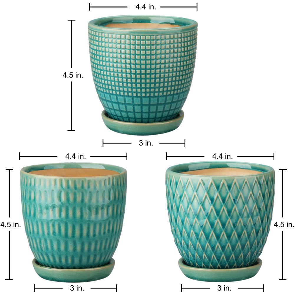 DILATATA 4 inches Ceramic Plant Pots 3 Set of Small Round Green Flower Pots with Drainage Hole and Attached Saucer for Succulents Cactus Indoor Outdoor Garden Home Windowsill