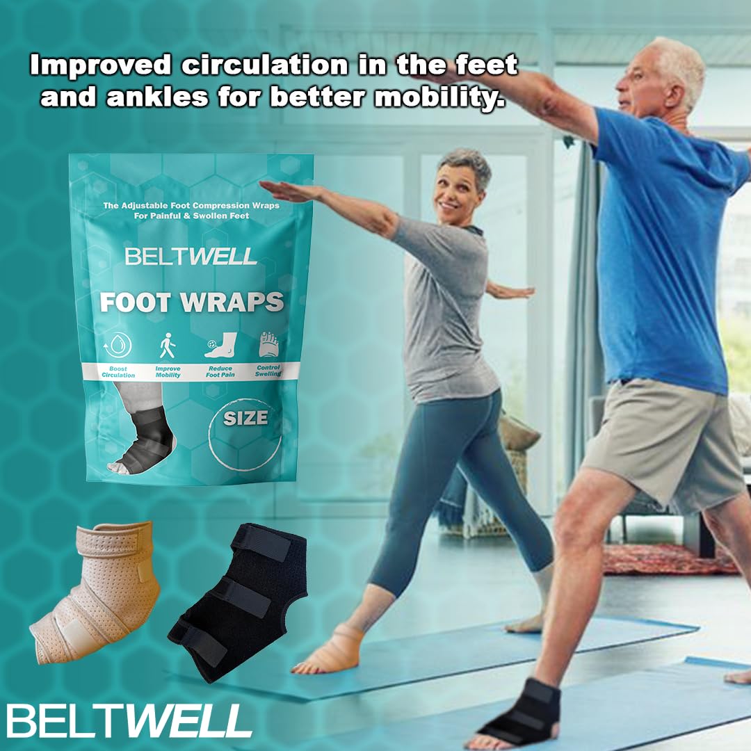 Beltwell® - Adjustable Foot & Ankle Compression Wraps For Edema, Lymphedema, Swelling, Neuropathy, Diabetic Foot Care, Circulation (2 Wraps) (Large) (Black, X-Large)