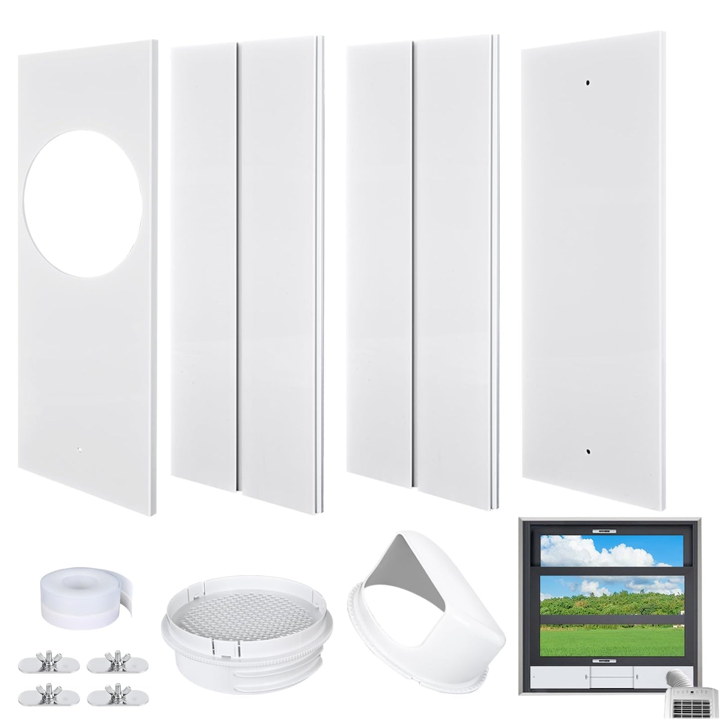 Portable AC Window Vent Kit with Waterproof Cover,AC Window Seal Kit with 5.9" Diameter,Air Conditioner Window Vent Kit for Sliding Horizontal or Vertical Window with 4 Seal Plates