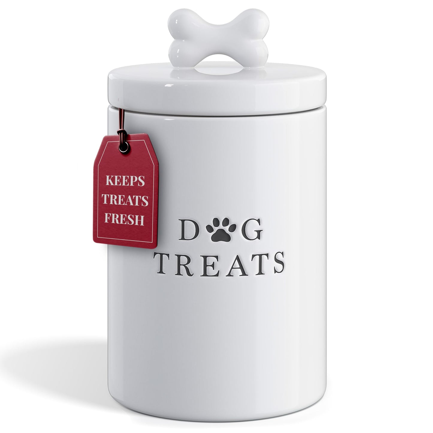 Barnyard Designs Large Dog Treat Container Airtight with Lid, Cute Rustic Ceramic Dog Treat Storage Jar for Kitchen Counter (White)