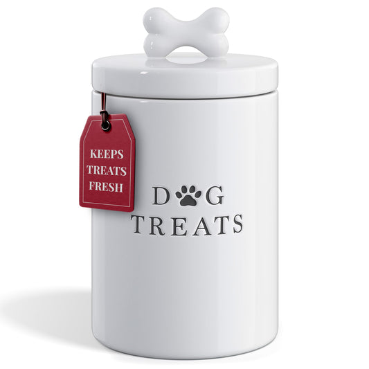 Barnyard Designs Large Dog Treat Container Airtight with Lid, Cute Rustic Ceramic Dog Treat Storage Jar for Kitchen Counter (White)