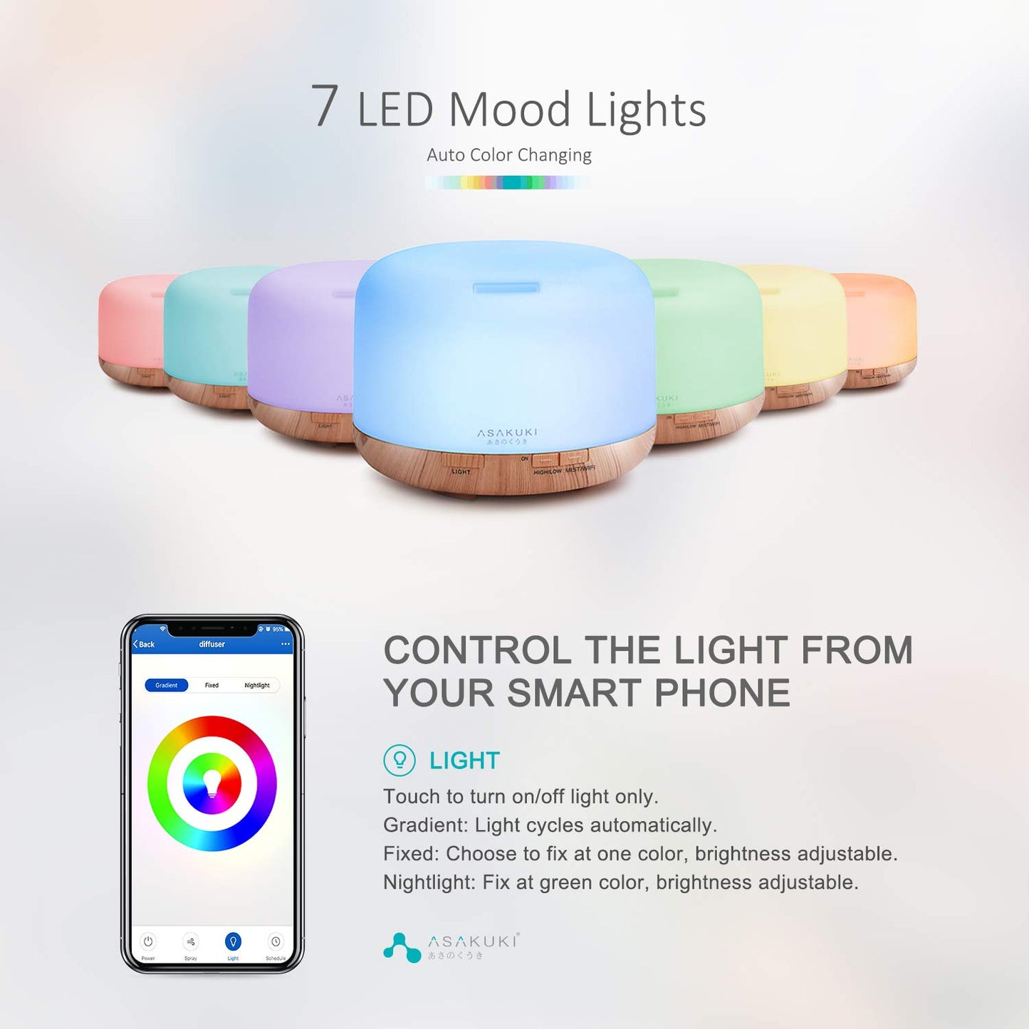 ASAKUKI Essential Oil Diffuser WiFi Smart Humidifier Compatible with Alexa, 500ml Ultrasonic Aromatherapy Diffuser for Home Office Babyroom, Adjustable Cool Mist and Waterless Auto Shut-Off