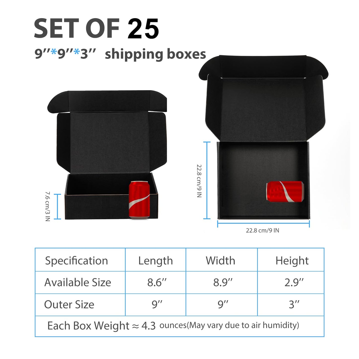 DUZCLI 25 Pack 9x9x3 Black Shipping Boxes - Corrugated Cardboard Boxes for Small Business Packaging Supplies, Mailing, Gift & Packing Boxes