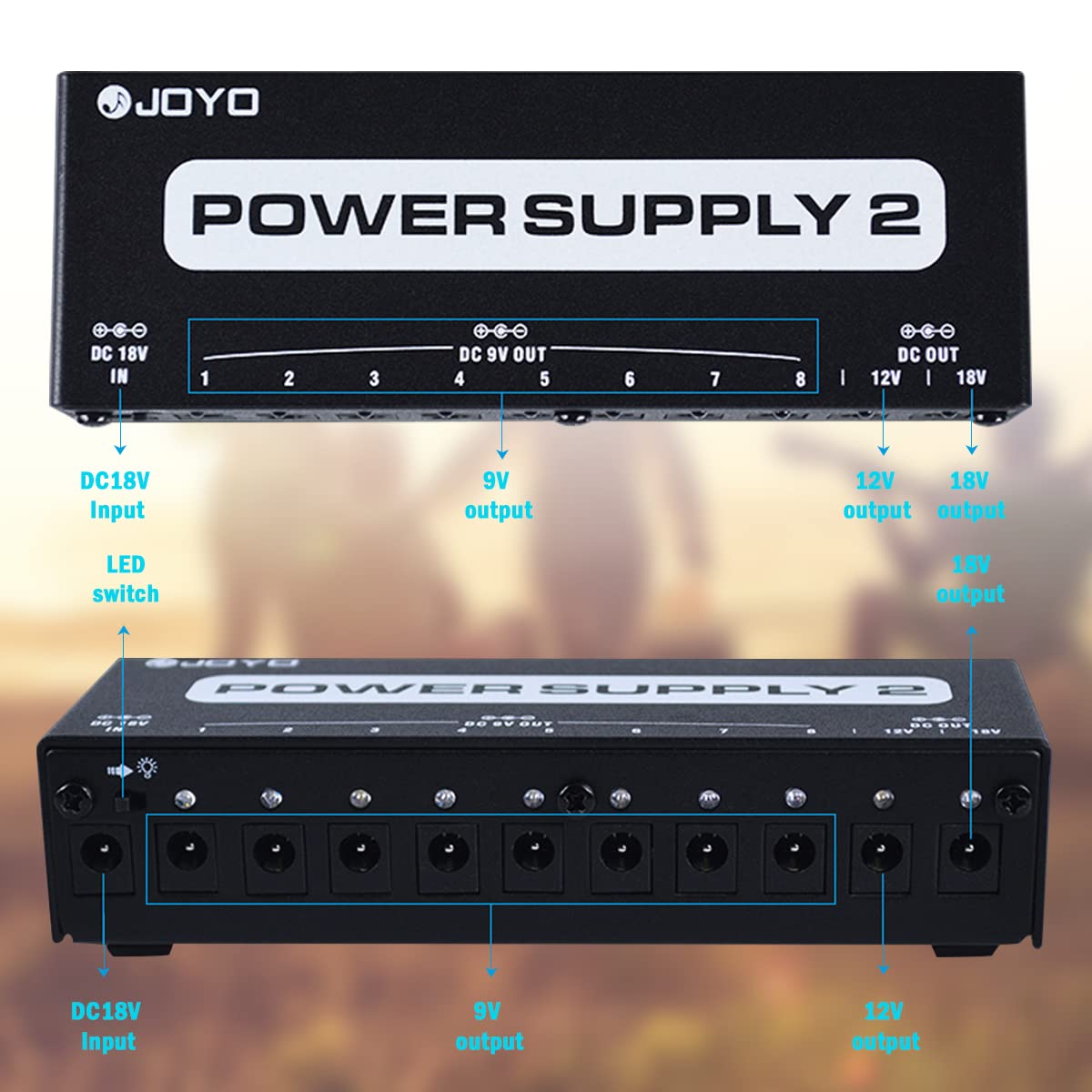 JOYO Guitar Pedal Power Supply Pedal Board Guitar Power Supply with DC 18V Pedal Power Adapter & 9V 100mA 500mA Isolated DC Output for 9V 12V 18V Effect Pedals JP-02